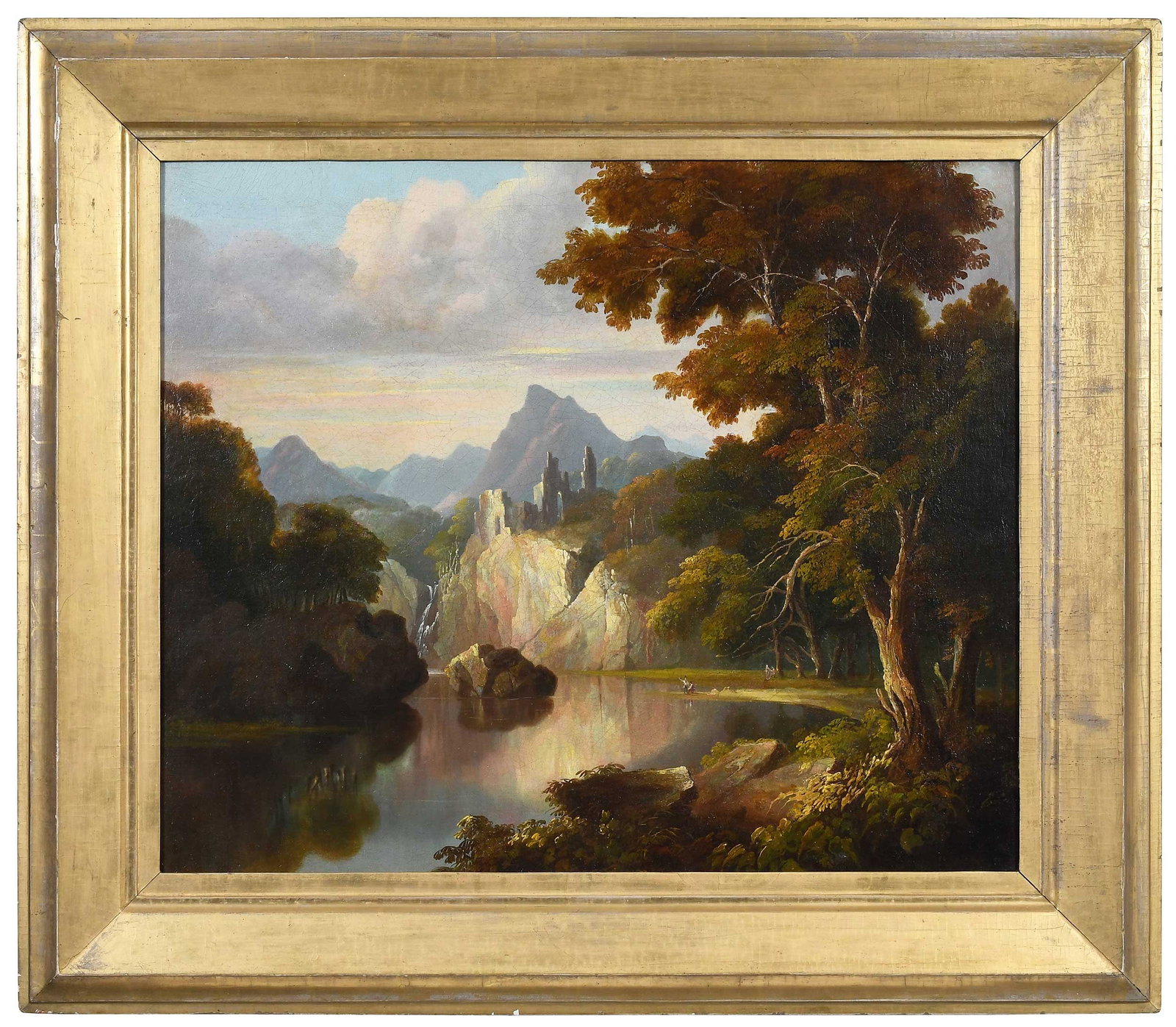 Attributed to Thomas Doughty: (American, 1793-1856) Ruins on a Cliff, unsigned, bears old label verso, oil on canvas, 26-1/8 x 30-1/2 in.; fine period carved gilt wood frame, 34-1/2 x 39-3/8 x 2 in. 