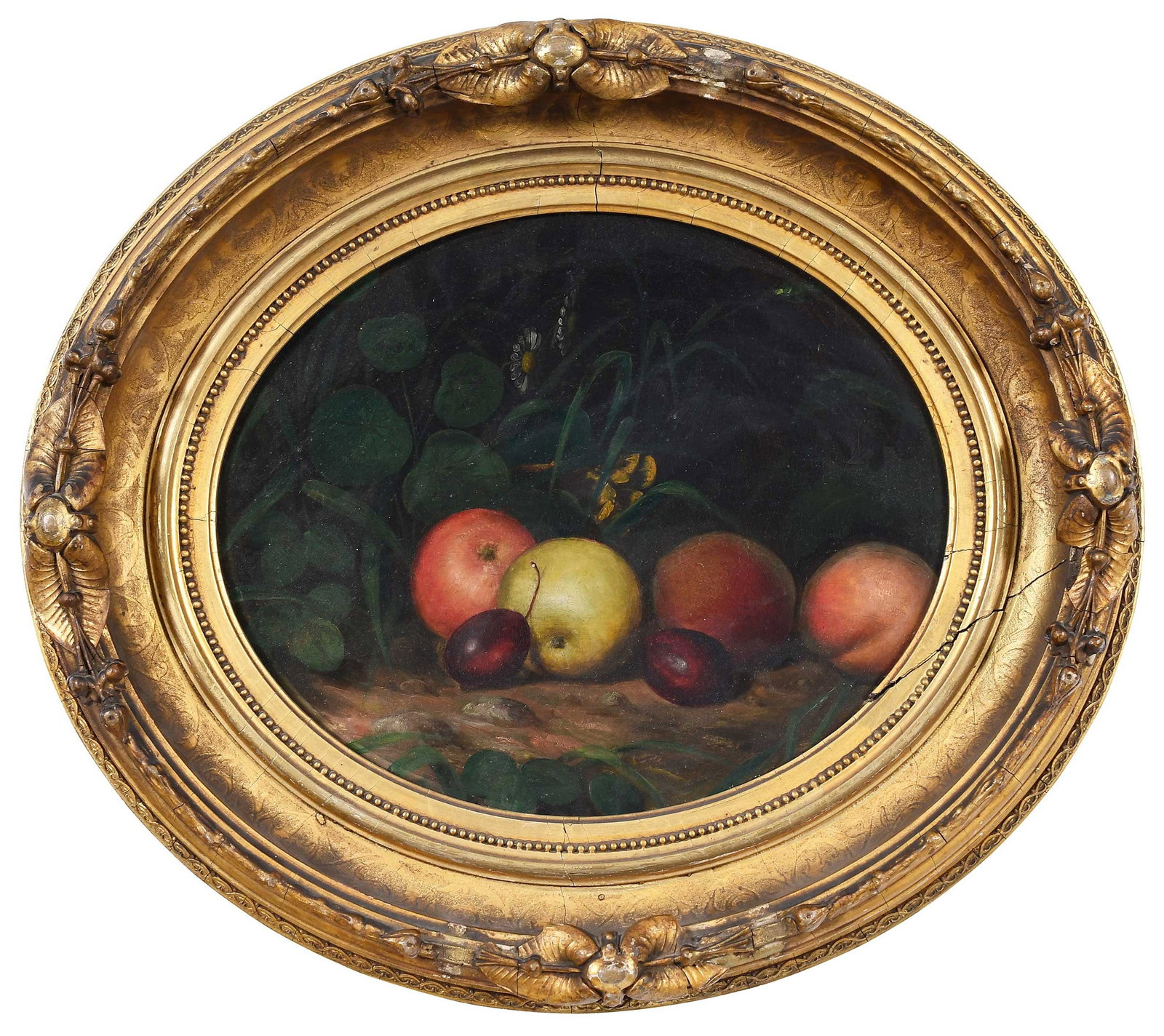 American School Still Life: (19th century) Fruit in a Garden, unsigned, painted oval, oil on board, 9-3/4 x 11-7/8 in.; probably original gilt wood frame, 15-1/2 x 17-1/2 x 2-3/8 in. Provenance: Alexander Gallery, New York, NY (