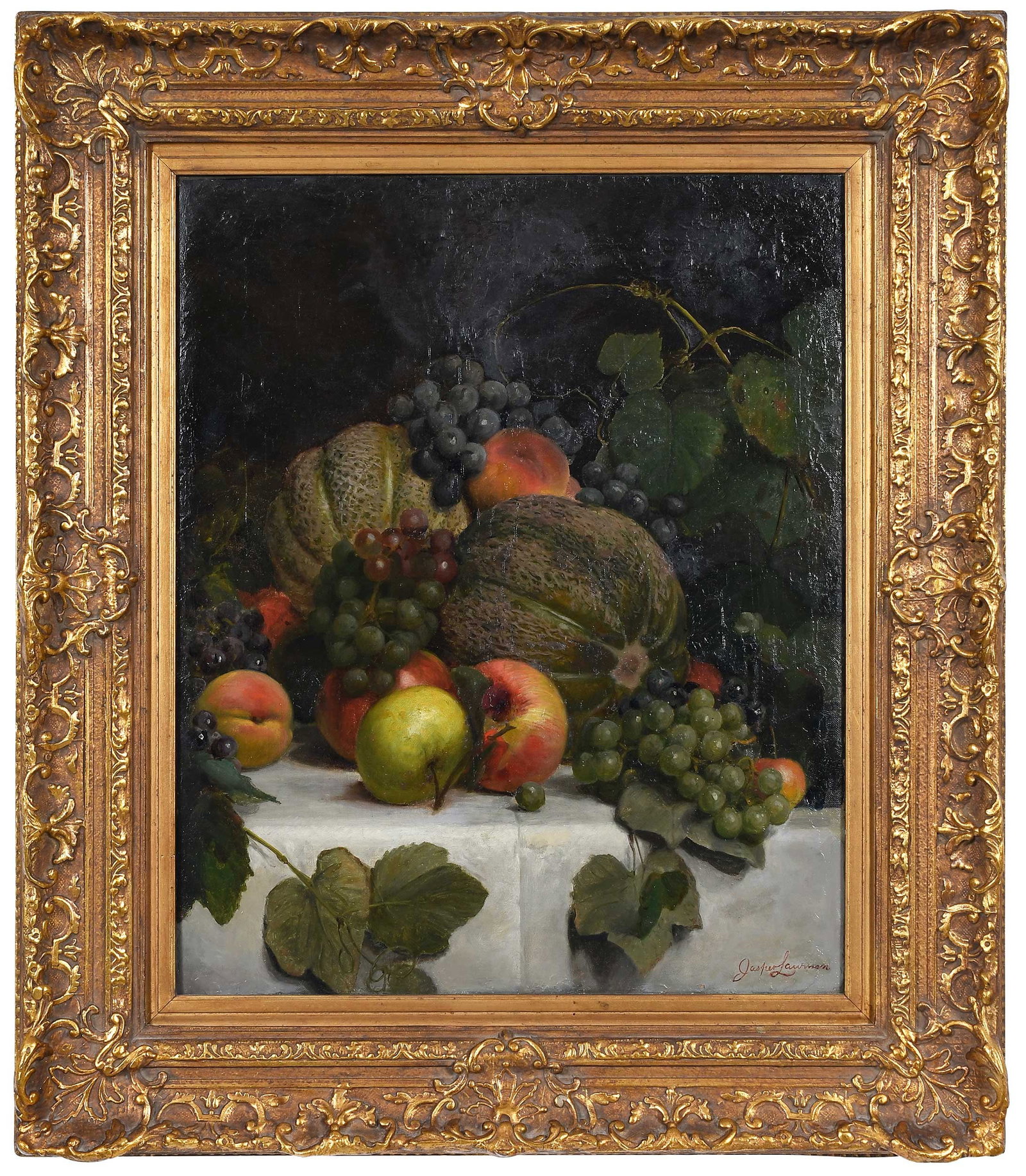 Jasper Lawman: (American, 1825-1906) Abundant Still Life, signed lower right "Jasper Lawman", oil on canvas, 22 x 18 in.; ornate gilt wood frame, 30-1/2 x 26-1/2 x 3 in. Provenance: Private Collection, Louisiana