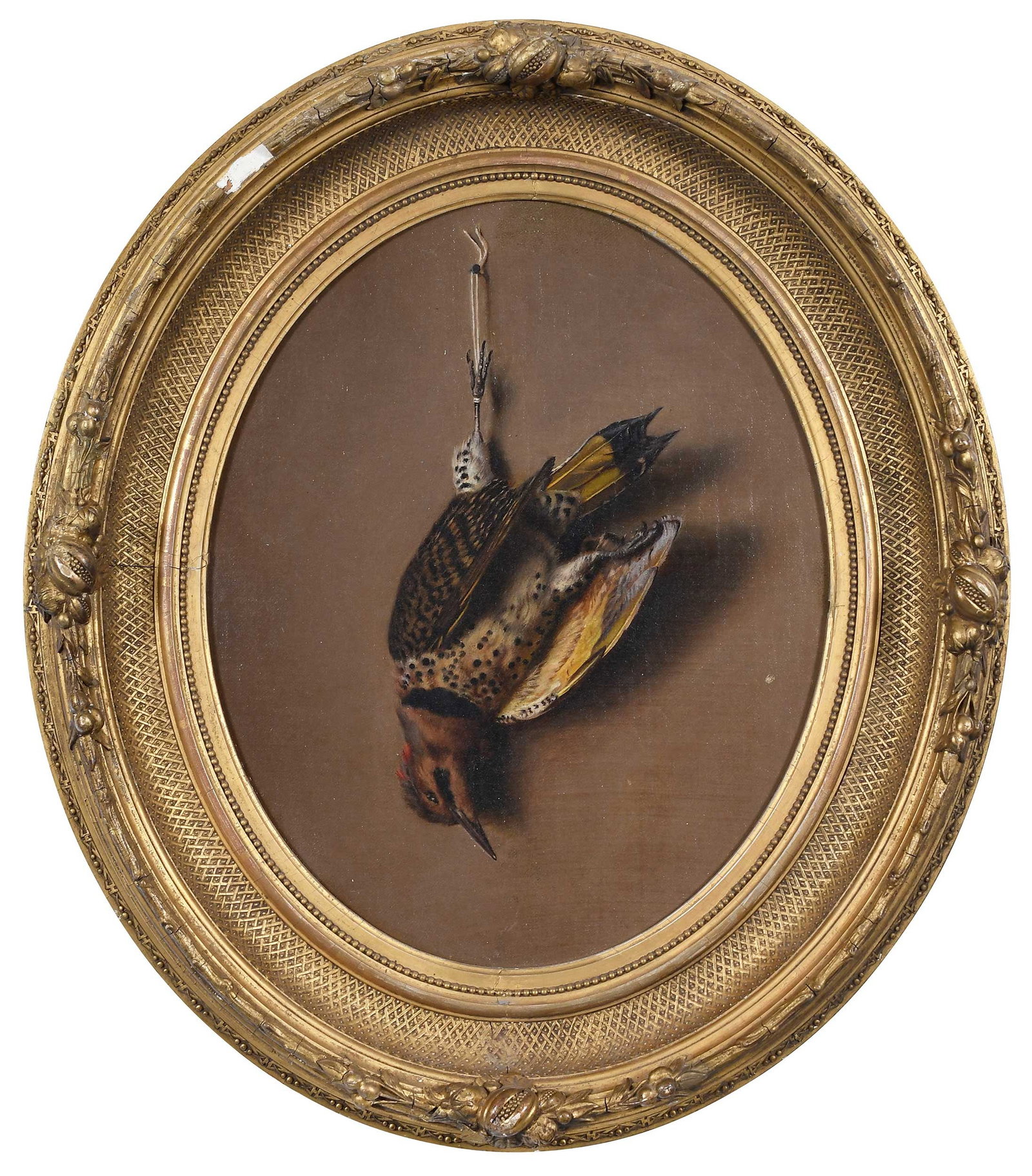 Trompe l'Oeil Still Life: (American, 19th century) Game Bird Trompe l'Oeil, , unsigned, oil on canvas, 17 x 13-7/8 in. painted oval; fine period carved gilt wood frame, 24-3/8 x 21-1/4 x 2-3/4 in. Provenance: Alexander