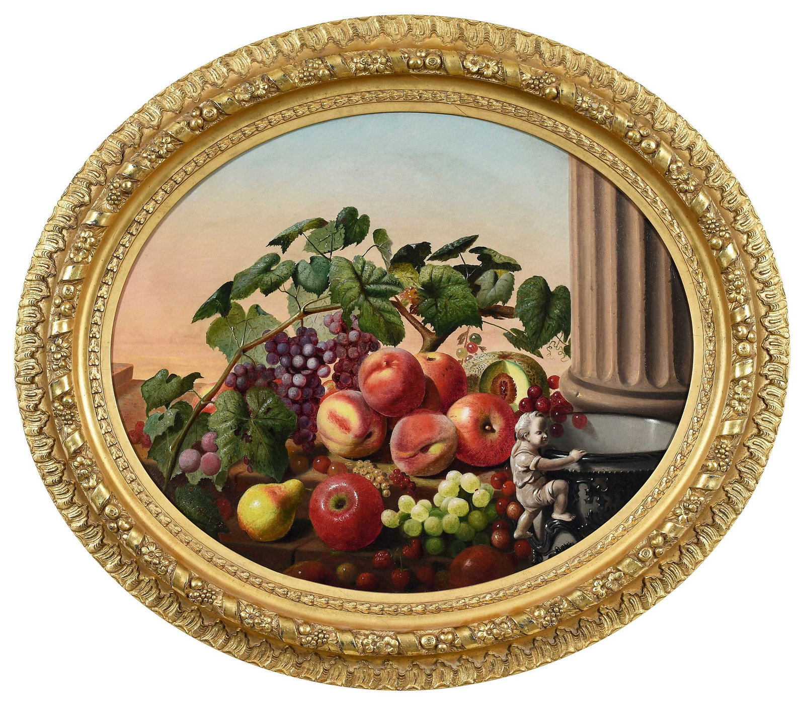 American School Abundant Still Life: (late 19th/early 20th century) With Grapevine and Architectural Column, unsigned, oil on canvas, oval, 25 x 29-3/4 in.; fine period gilt wood frame, 34 x 39 x 3 in. 