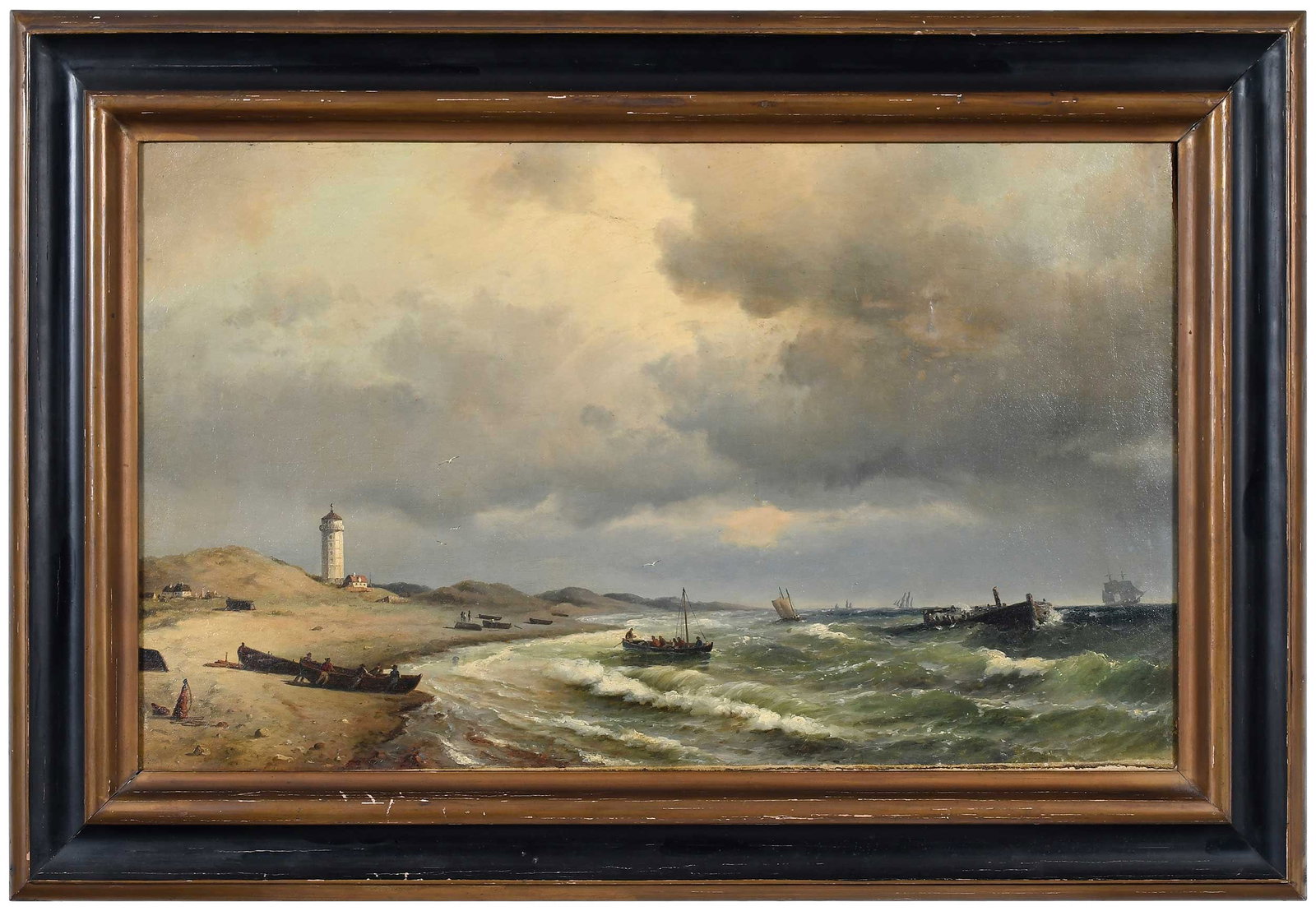 Coastal Scene with Lighthouse: (American or British, 19th century) unsigned, oil on canvas, 16-3/8 x 27 in.; carved gilt and painted wood frame, 23-1/8 x 33-1/2 x 2 in. Provenance: Property of the Thalhimer Family, Richmond