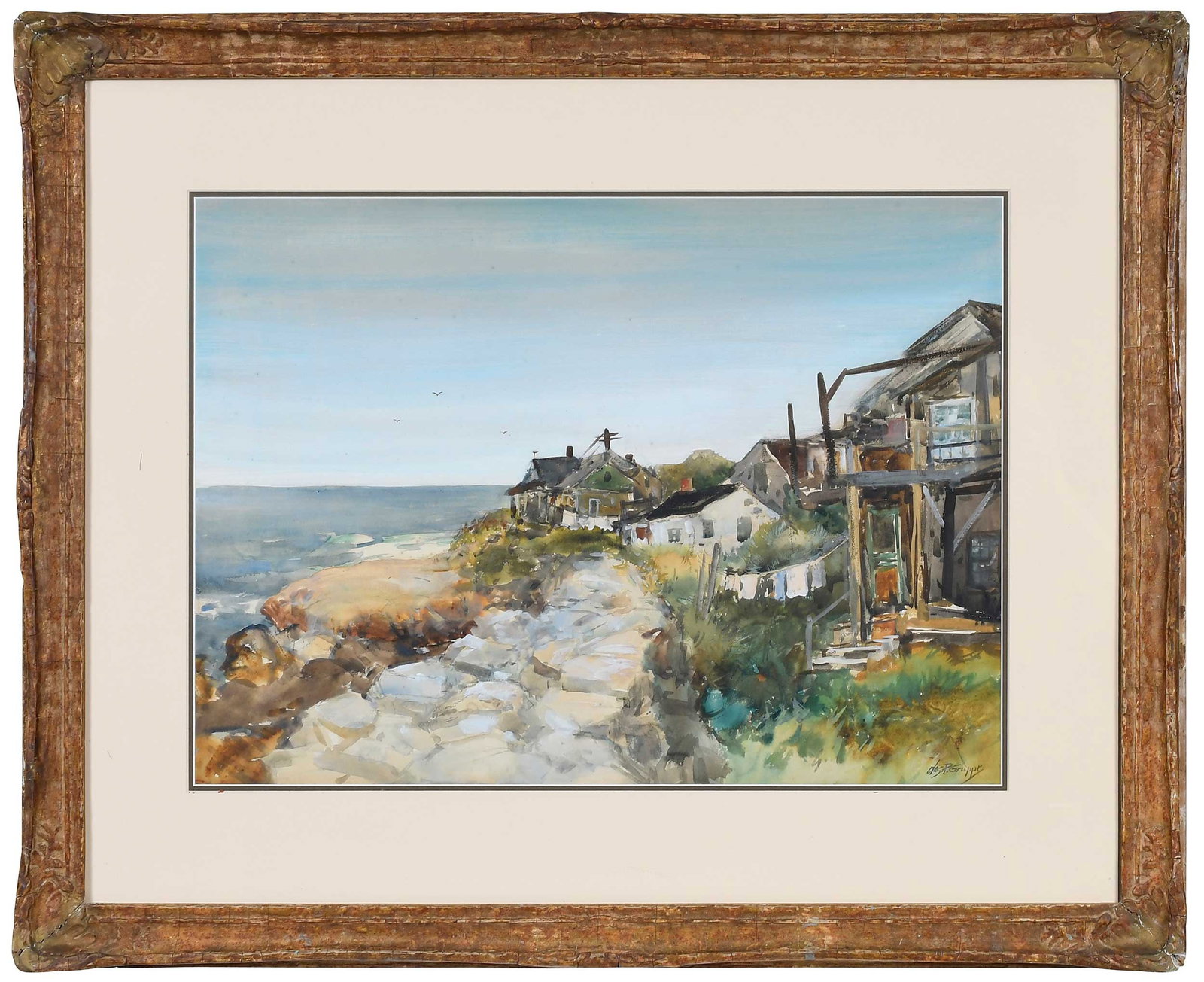 Charles Gruppe: (Canadian/America, 1860-1940) Summer Cottages on the Dunes, signed lower right "Chas P. Gruppe", watercolor and gouache on paper, 17-1/4 x 23-1/2 in.; reproduction frame, 27-1/4 x 33-1/2 x 1-1/2 in.