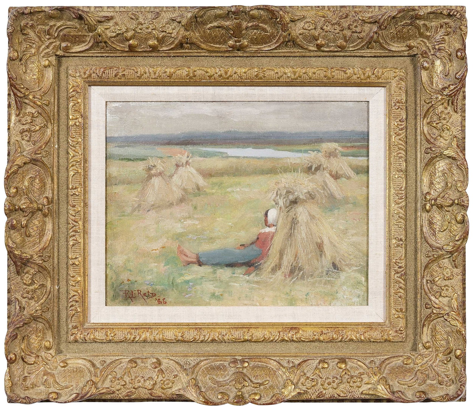 Robert Lewis Reid: (American, 1862-1929) Resting Against the Haystacks, 1886, signed and dated lower left "RL Reid '86", bears indecipherable label on stretcher verso, oil on canvas, 11 x 14 in.; fine ornate period fram
