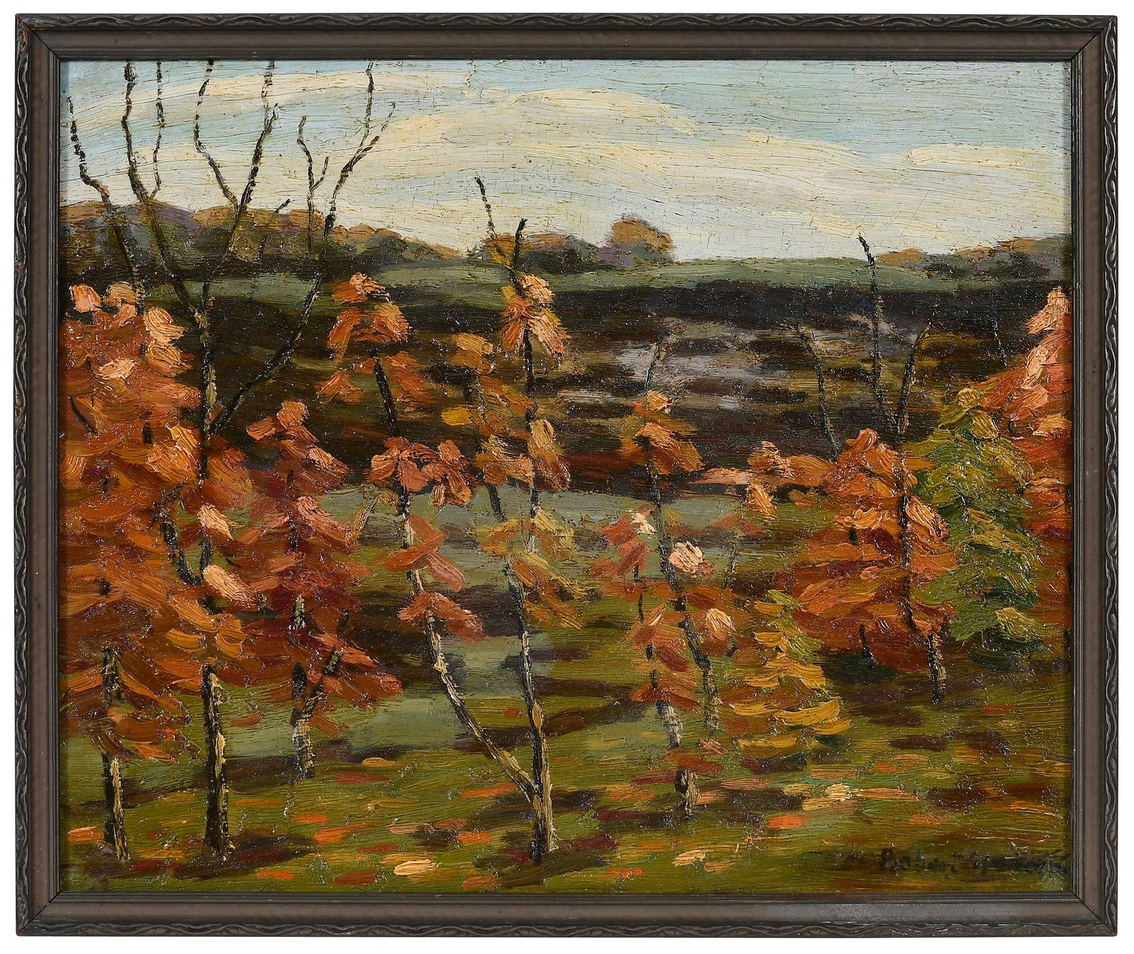 Robert Spencer: (American, 1879-1931) Autumn Trees, signed lower right " Robert Spencer", oil on board, 10 x 12 in.; simple wood frame, 10-5/8 x 12-5/8 x 1/2 in. Provenance: Private Collection Ohio