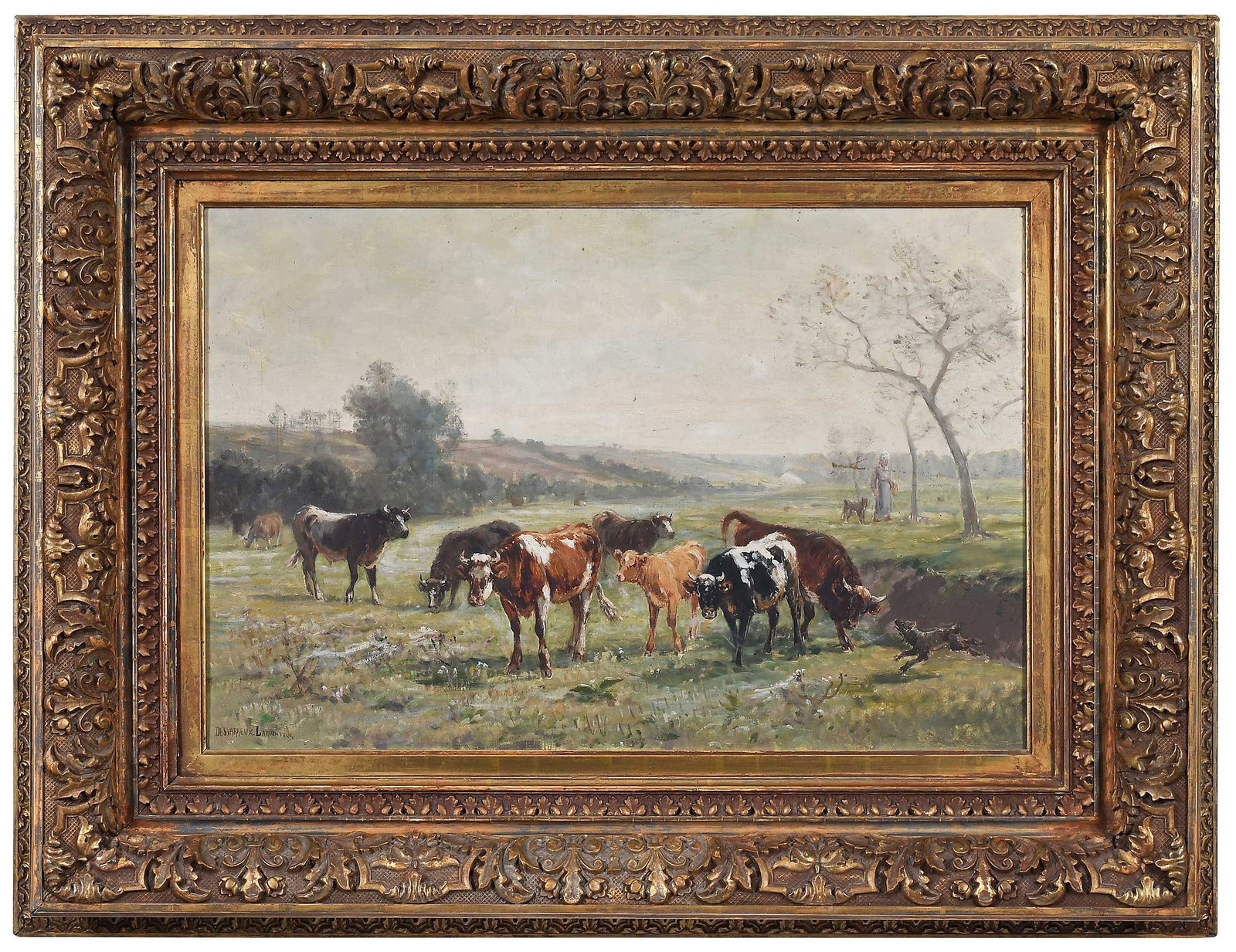 James Desvarreux-Larpenteur: (American, 1847-1937) Cows in a Field, signed lower left "Desvarreux-Larpenteur", oil on canvas, 16-1/2 x 24-3/8 in.; possibly original fine ornate period carved gilt wood frame, labeled Thos A. Wilmu