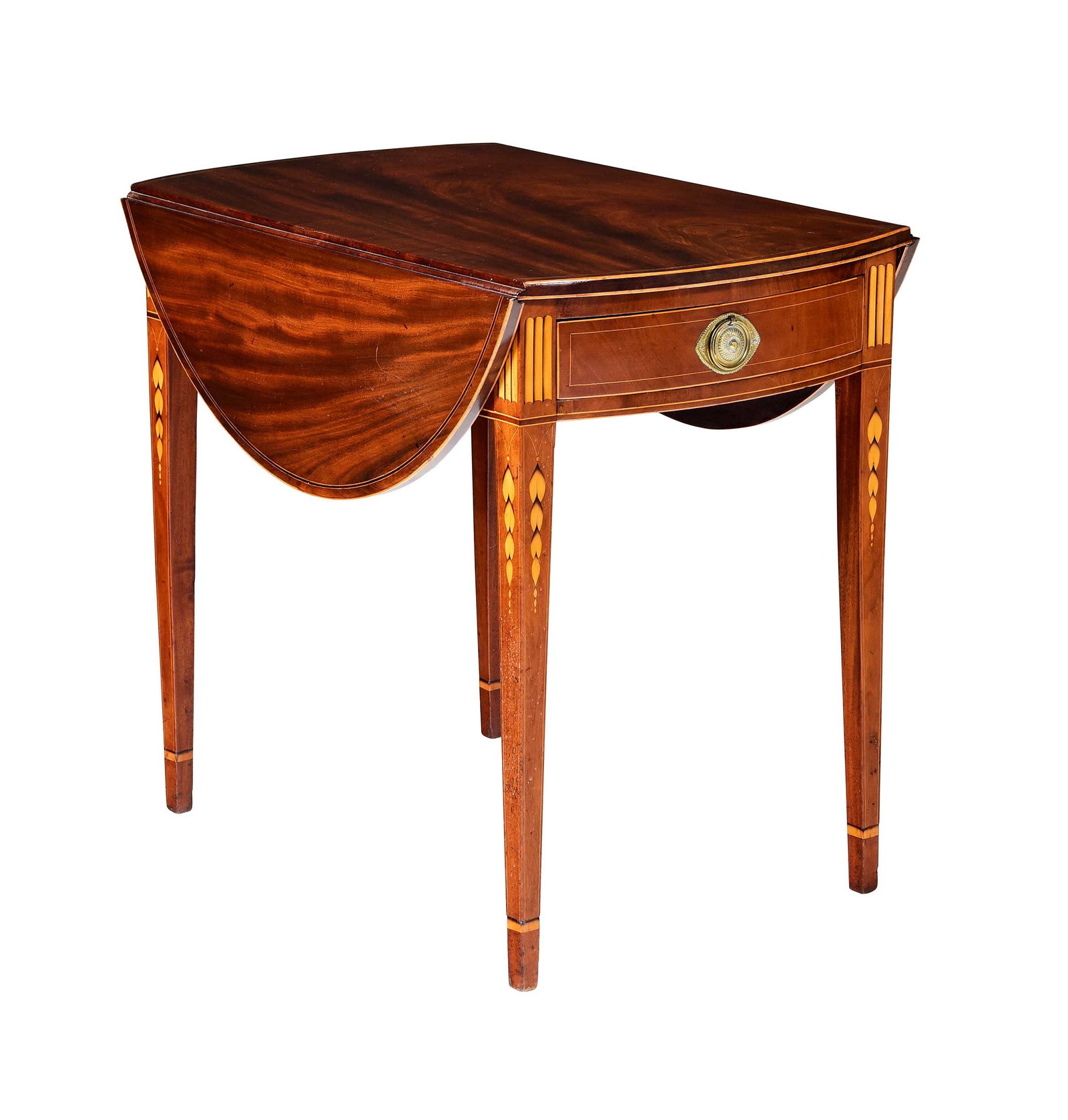 Fine New York Federal Inlaid Mahogany Pembroke Table, C.L. Prickett Provenance: late 18th/early 19th century, C.L. Prickett label to drawer interior, underside with probably later inscribed "Flitchard", illegible later inscription to leaf underside, figured top with bowed ends, o