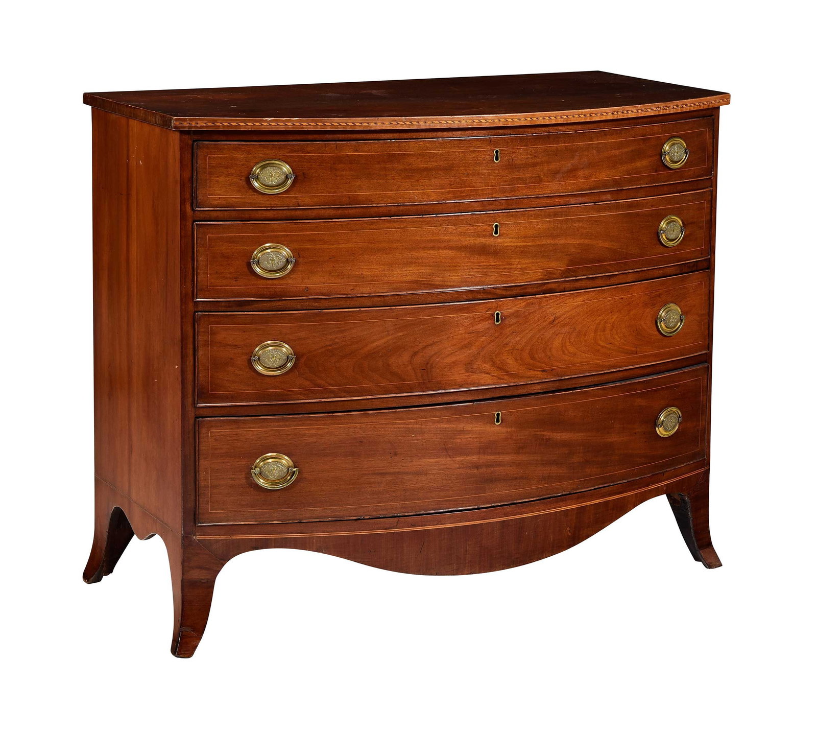 American Federal Inlaid Birch and Mahogany Bowfront Chest of Drawers (1 of 18)