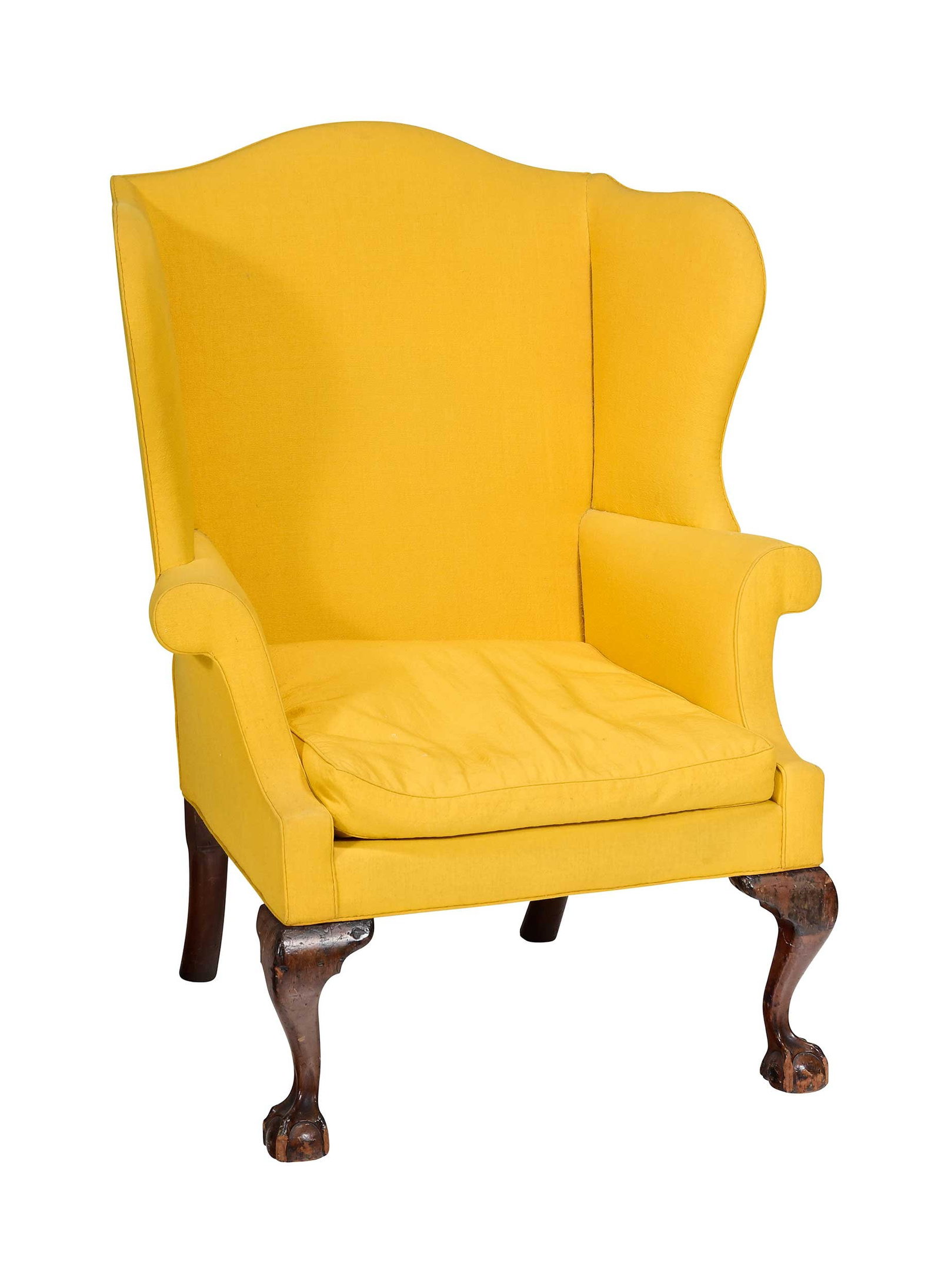 Philadelphia Chippendale Carved Mahogany Easy Chair: Pennsylvania, circa 1770, mustard yellow upholstery, ball and claw feet, 47 x 36 x 30 in., seat height 18 in. Provenance: Joe Kindig, Jr. & Son, York, Pennsylvania, December 1964 (accompanied by copy