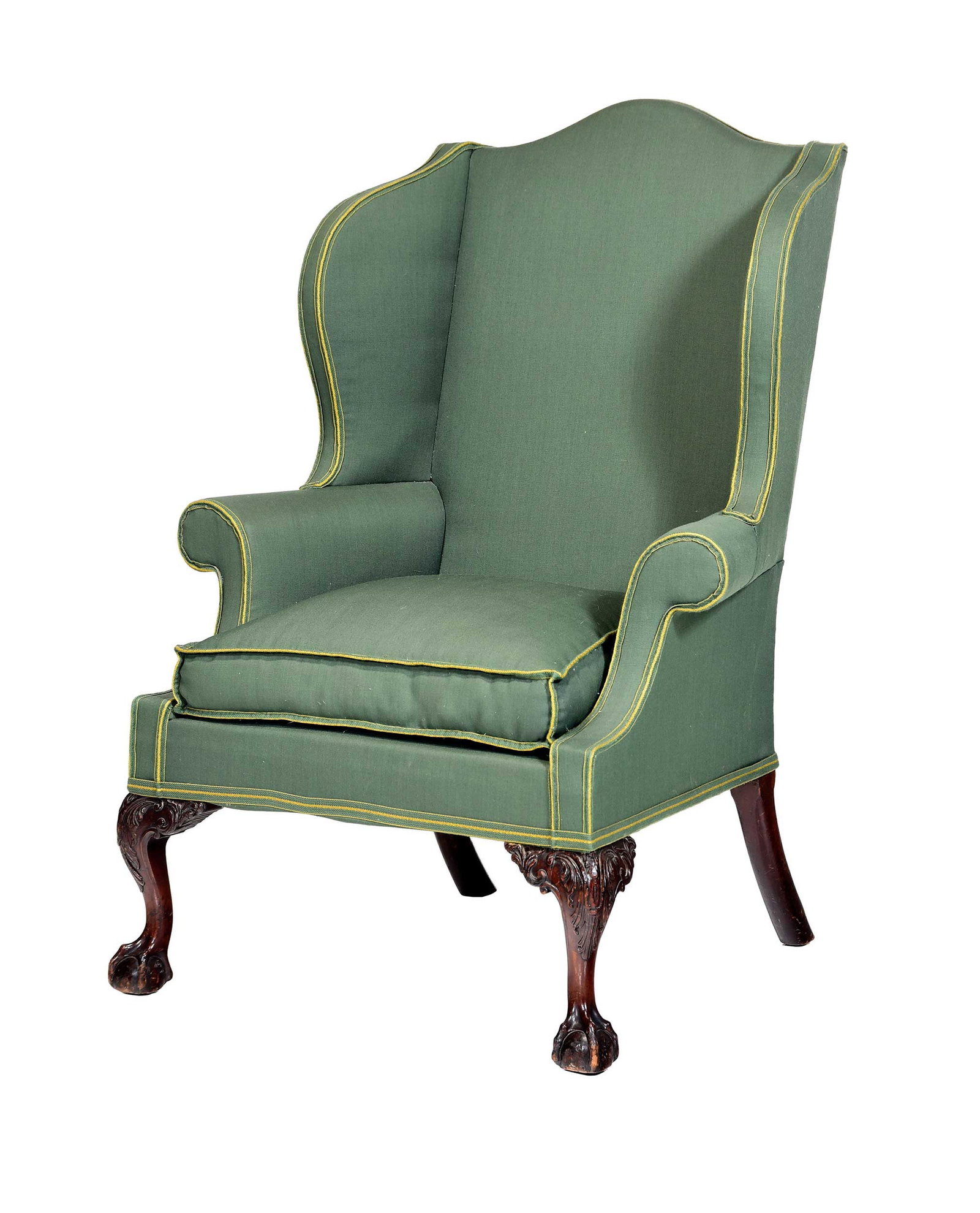Important Philadelphia Chippendale Carved Mahogany Easy Chair, Ex. Winterthur: possibly shop of Benjamin Randolph, circa 1770, acanthus carved knees, fine olive green upholstery with yellow trim by Leroy Graves, 49-1/2 x 35-1/2 x 33 in., seat height 15 in. Provenance: Ex. collec
