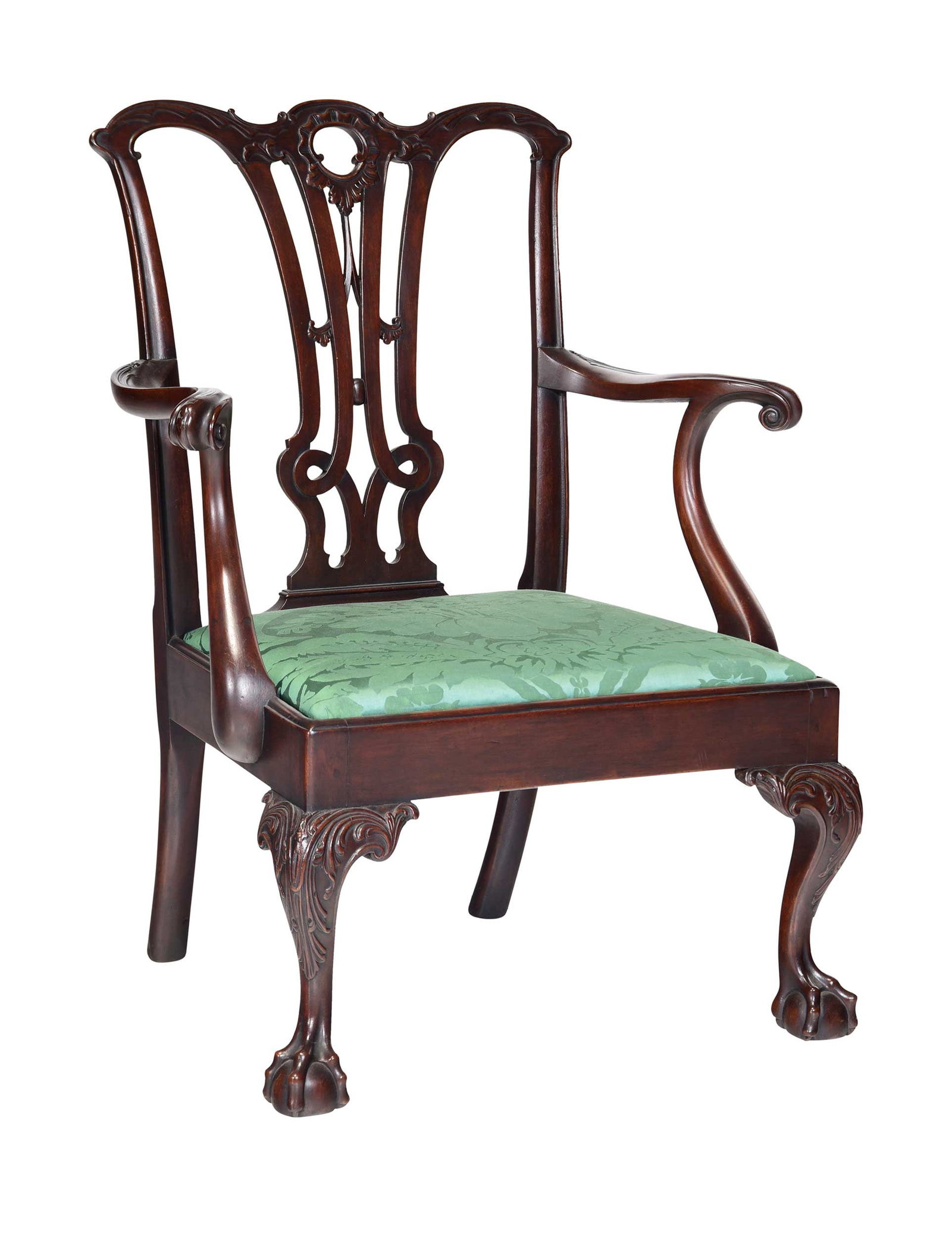Important Benjamin Randolph Attributed Philadelphia Chippendale Armchair: circa 1770, attributed to shop of Benjamin Randolph, with fine carved serpentine arms with carved and scrolled terminals, 37-1/2 x 26-3/4 x 23-1/2 in.; seat height: 15 in. Provenance: Kindig Antiques,