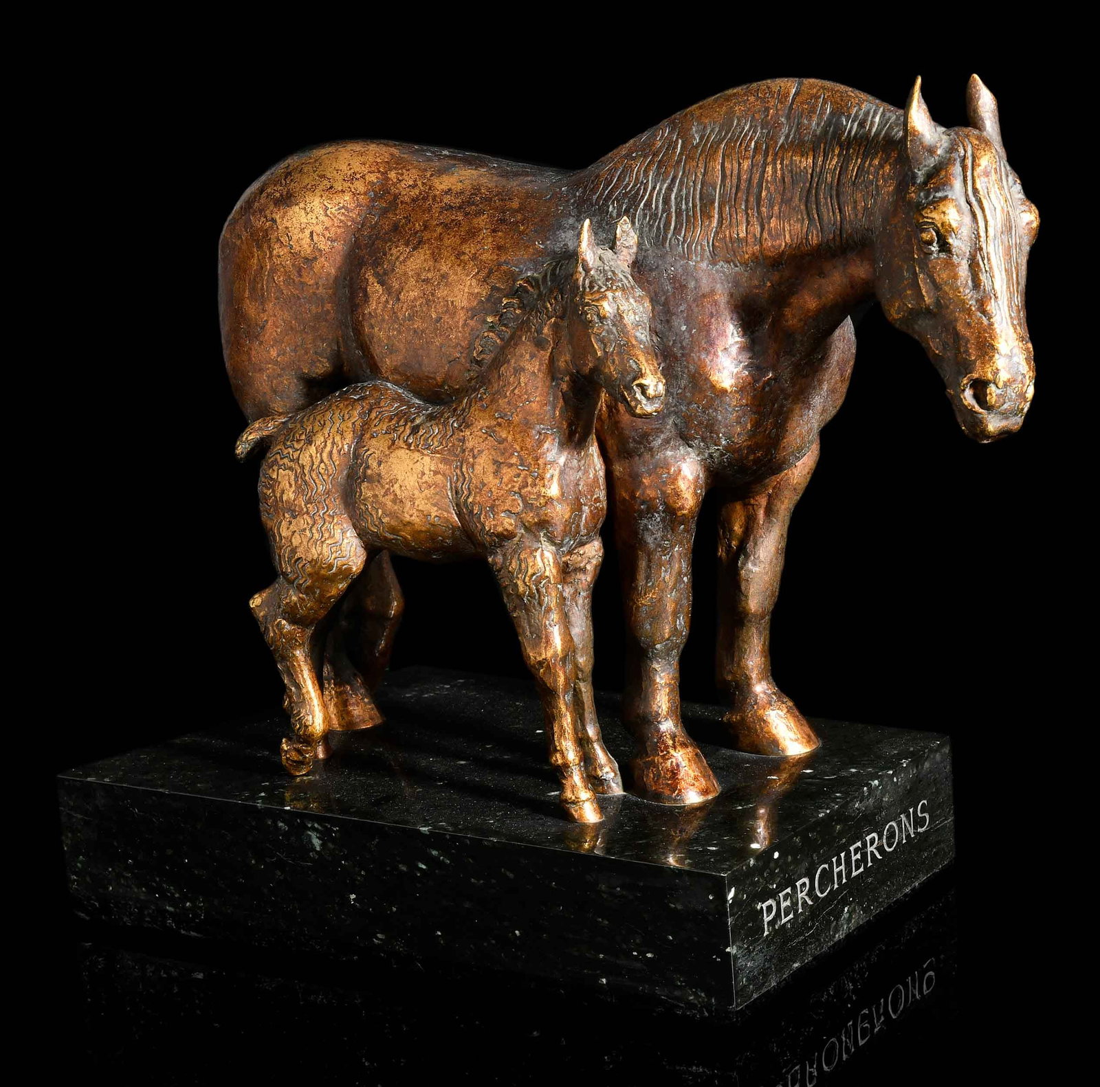 Herbert Haseltine, Percherons, Bush Family Provenance: (French/American,1877-1962) Percheron Mare: Messaline and Foal, modeled circa 1922, signed and dated on the original black and green marble base "Haseltine/MCMXXX", and incised with title "Percherons"