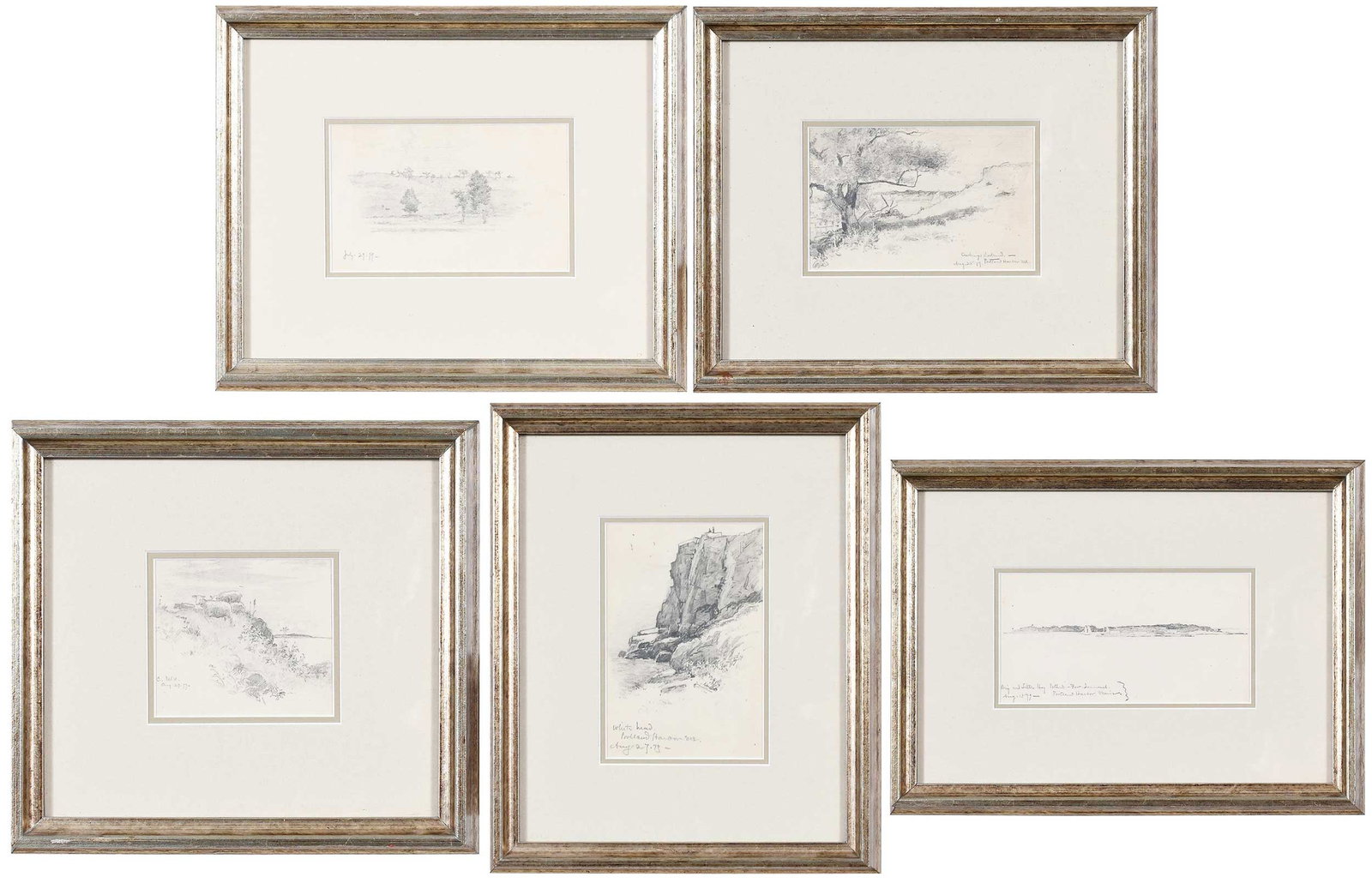 Willard Metcalf Sketches of Maine: (American, 1858-1925) Five Maine landscapes, 1879, all graphite on laid paper: Cushings Island, titled, dated, and inscribed lower right "Cushings Island, Aug 28, 79. Portland Harbor, ME", 3-3/4 x 5-1