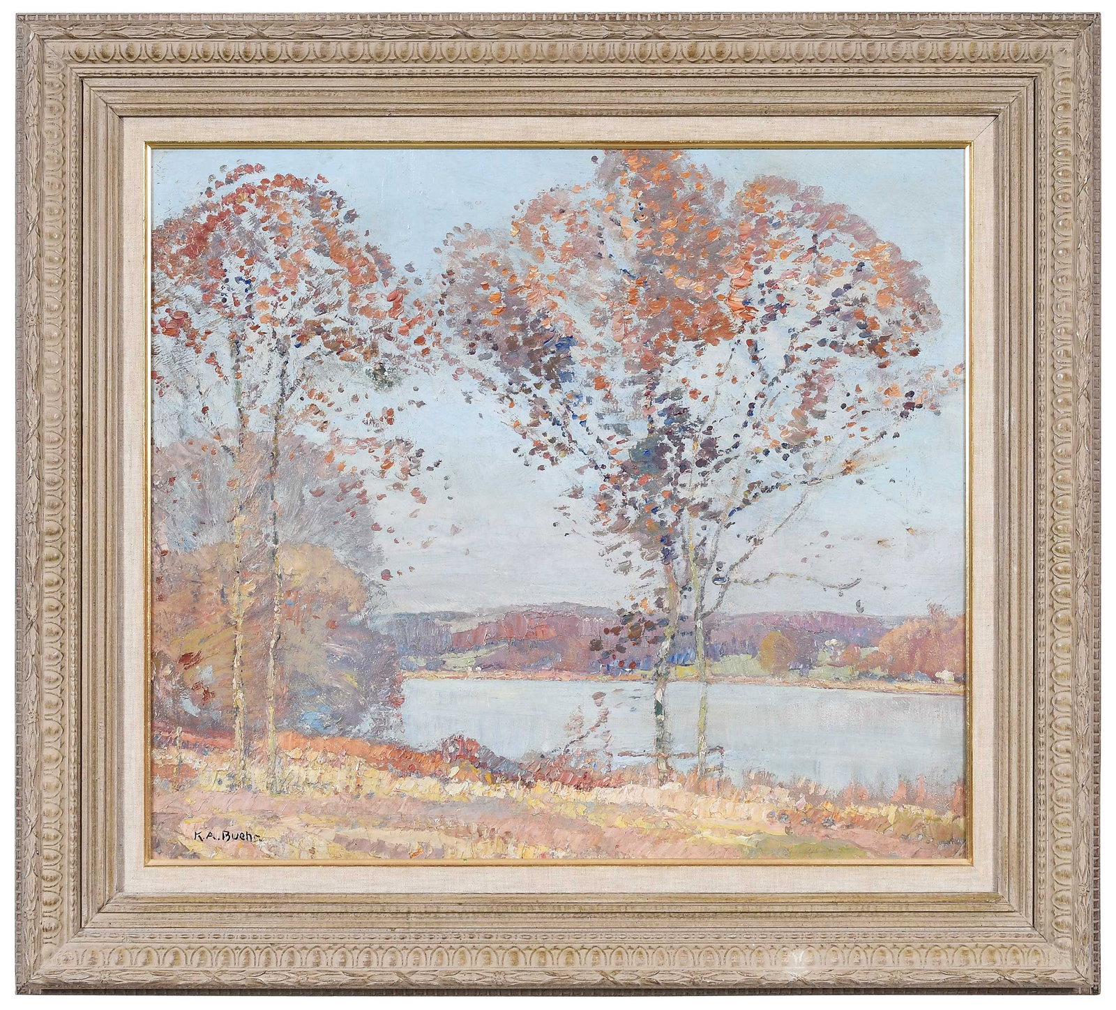 Karl Buehr: (German/America, 1866-1952) Autumn Landscape, signed lower left, "K.A. Buehr", oil on board, 21-1/2 x 25 in.; limed wood frame, 29 x 32-1/4 x 1-1/2 in. Provenance: Private Collection