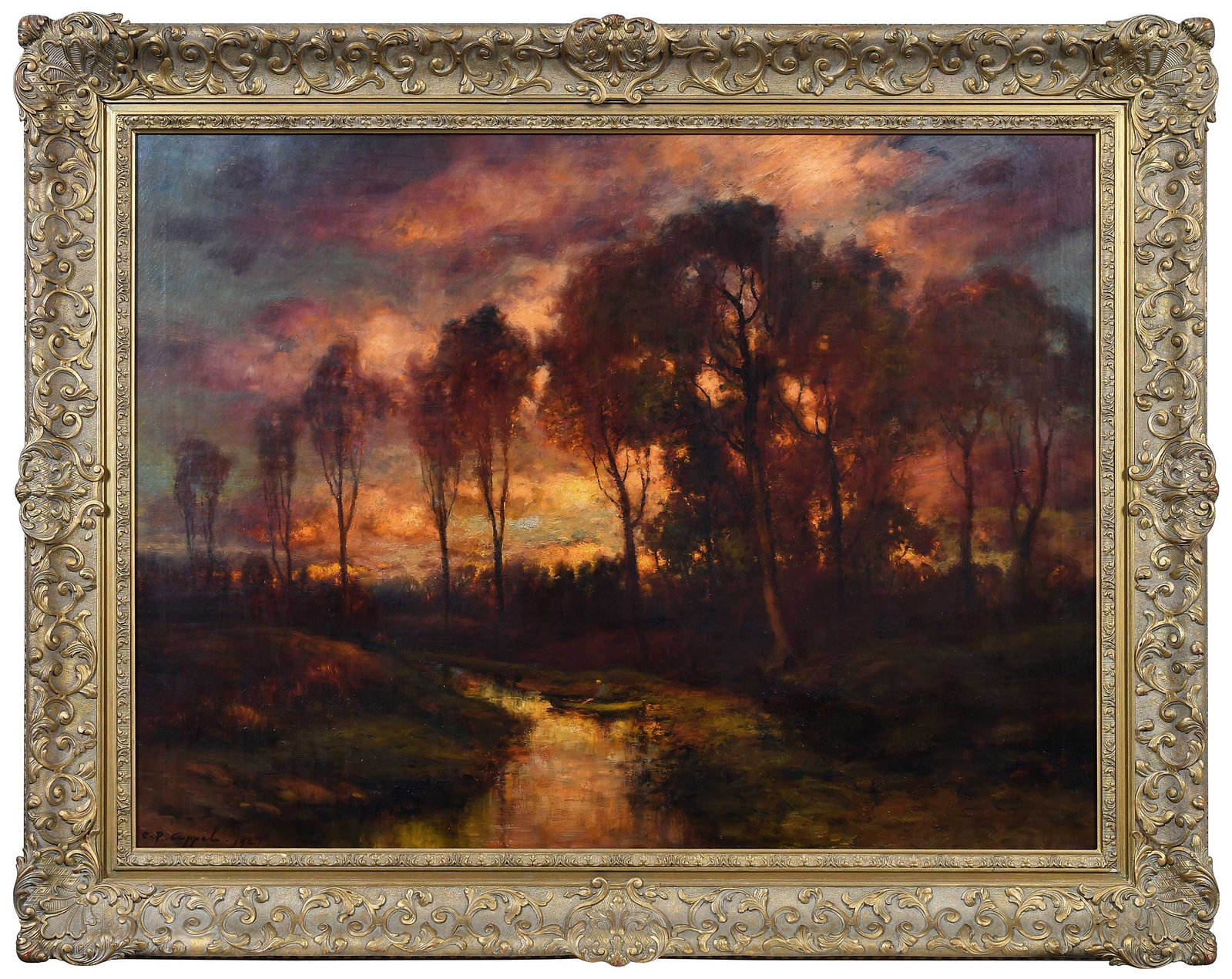 Large Sunset by Charles Appel: (American, 1857-1928) Dramatic Sunset, 1927, signed lower left, "C.P. Appel 1927", oil on canvas, 30-1/4 x 40-1/4 in.; ornate carved gilt wood frame, 38-3/4 x 48-3/4 x 3 in. Provenance: Private