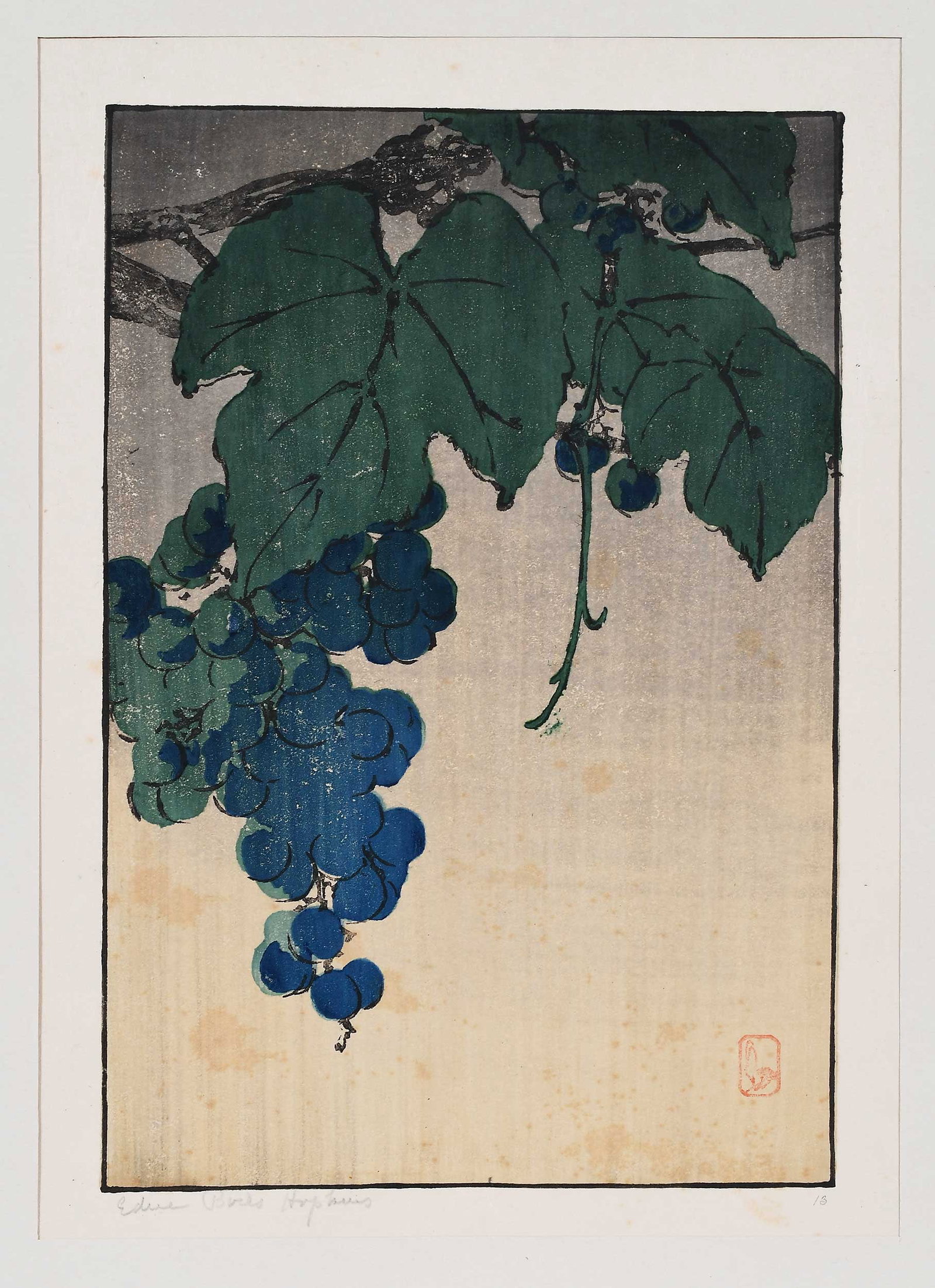 Edna Boies Hopkins: (American, 1872-1937) Grapes (Vasseur 36), 1907-1909, No. 13, signed in pencil lower left "Edna Boies Hopkins", peapod chop lower right, color woodcut on paper, in original artist's