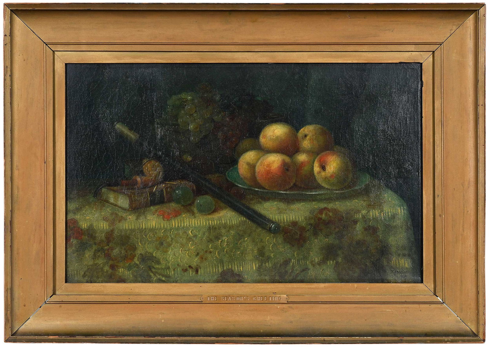Charles Meurer, Still Life with Flute: (German/America, 1865-1955) The Season's Greeting, 1906, signed and dated lower right "CA Meurer 1906", oil on canvas, 15 x 24 in.; likely original gilt wood frame Provenance: Private Collection