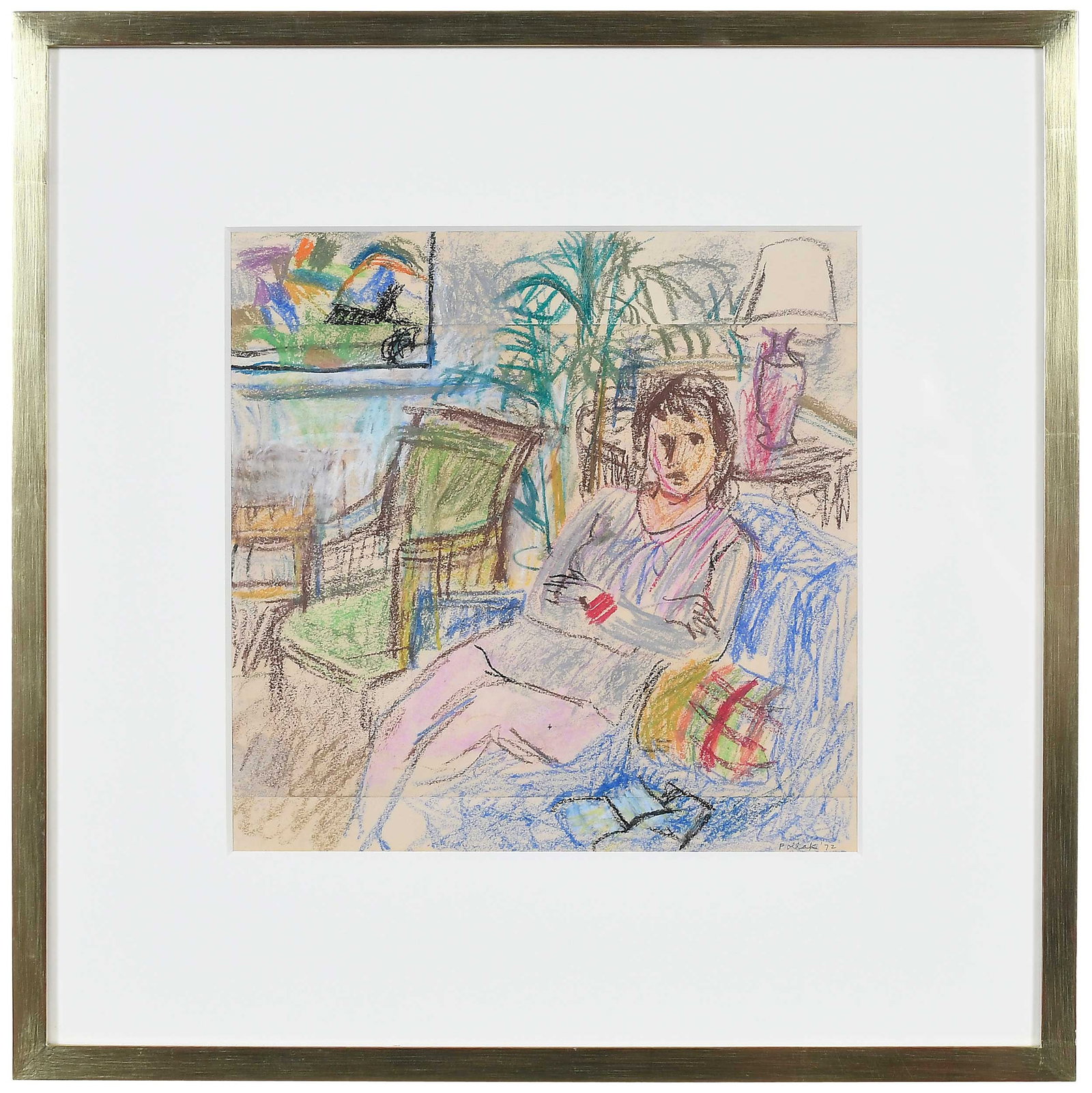 Theresa Pollak: (American/Virginia, 1899-2002) Woman Sitting in a Chair, 1972, signed and dated lower right "Pollak '72", pastel on multiple pieces of paper, sight, 13 x 13-1/8 in.; gilt wood frame, 22-1/2 x 22-3/8