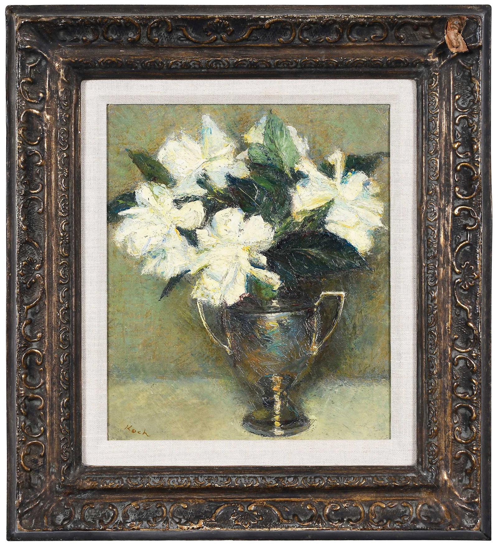 John Koch: (American, 1909-1978) Gardenias, signed lower left "Koch", oil on coarse canvas, 11-7/8 x 10 in.; gilt wood and composition frame, 18-3/8 x 16-1/2 x 2-1/2 in. Provenance: Kraushaar Galleries, New