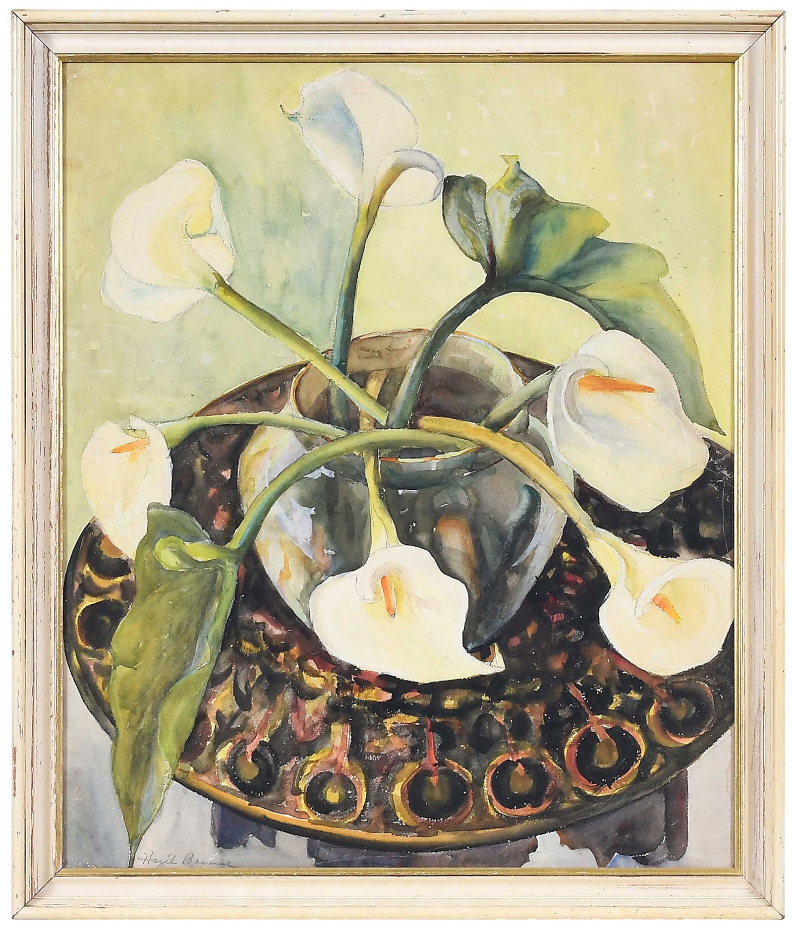 Hazel Boehme: (American, 1900-1941) A Modernist Still Life, Calla Lilys, signed lower left in pencil "Hazel Boehme", watercolor on watercolor paper, 25-7/8 x 21-5/8 in.; painted wood frame, 28-5/8 x 24-1/4 x 1-5/8