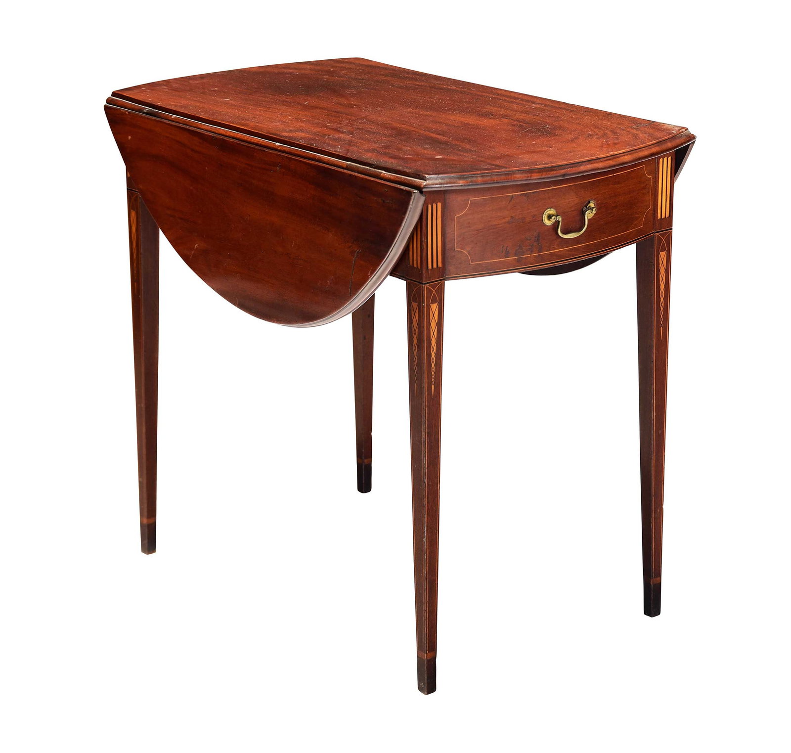 Fine American Federal Icicle Inlaid Figured Mahogany Pembroke Table: attributed to Newport, Rhode Island, late 18th century, highly figured top, cuffed square tapered legs with bookend and icicle inlay, white pine and sycamore secondaries, label to underside for "E.A.