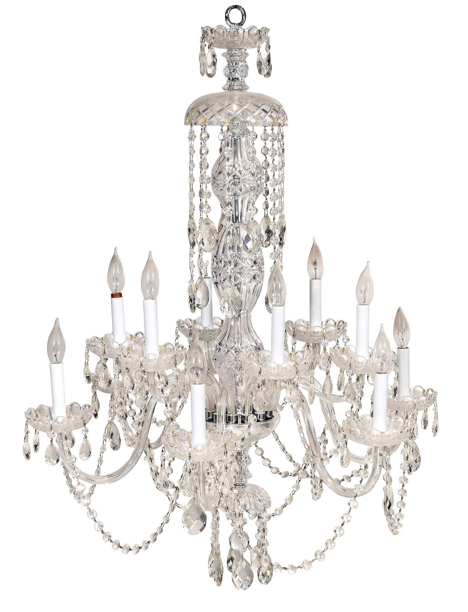 Crystal 12 Light Two Tier Chandelier with Drops and Garlands: 20th century, pressed and cut glass in cross hatched pattern, approx. 46 x 30 x 30 in. to ceiling mount, wired for electricity Provenance: Private Asheville, North Carolina Collection
