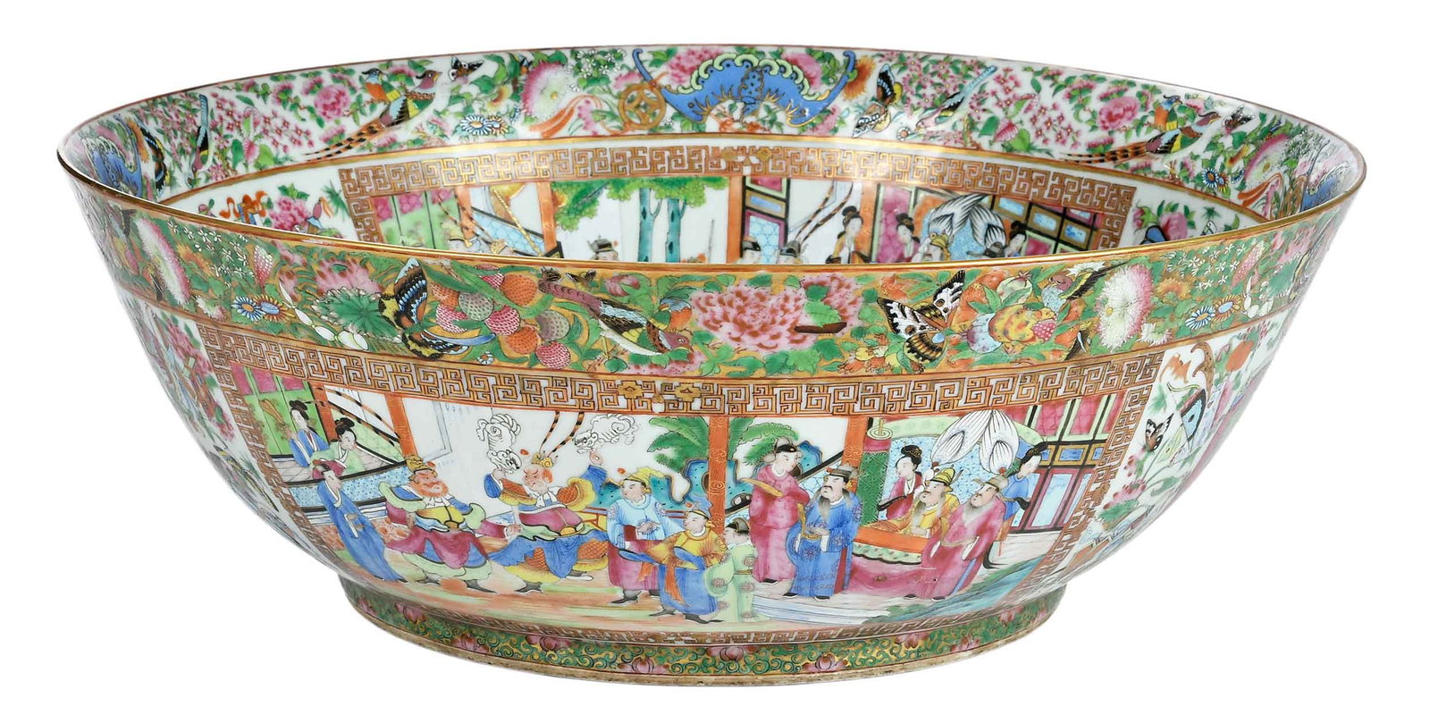 Monumental Chinese Export Rose Medallion Punch Bowl: 19th century, with finely gilt and polychrome enameled decoration of courtly scenes with flower, bird, butterfly, and bat motifs, 7-1/4 x 20-5/8 x 20-5/8 in. Provenance: Private Collection