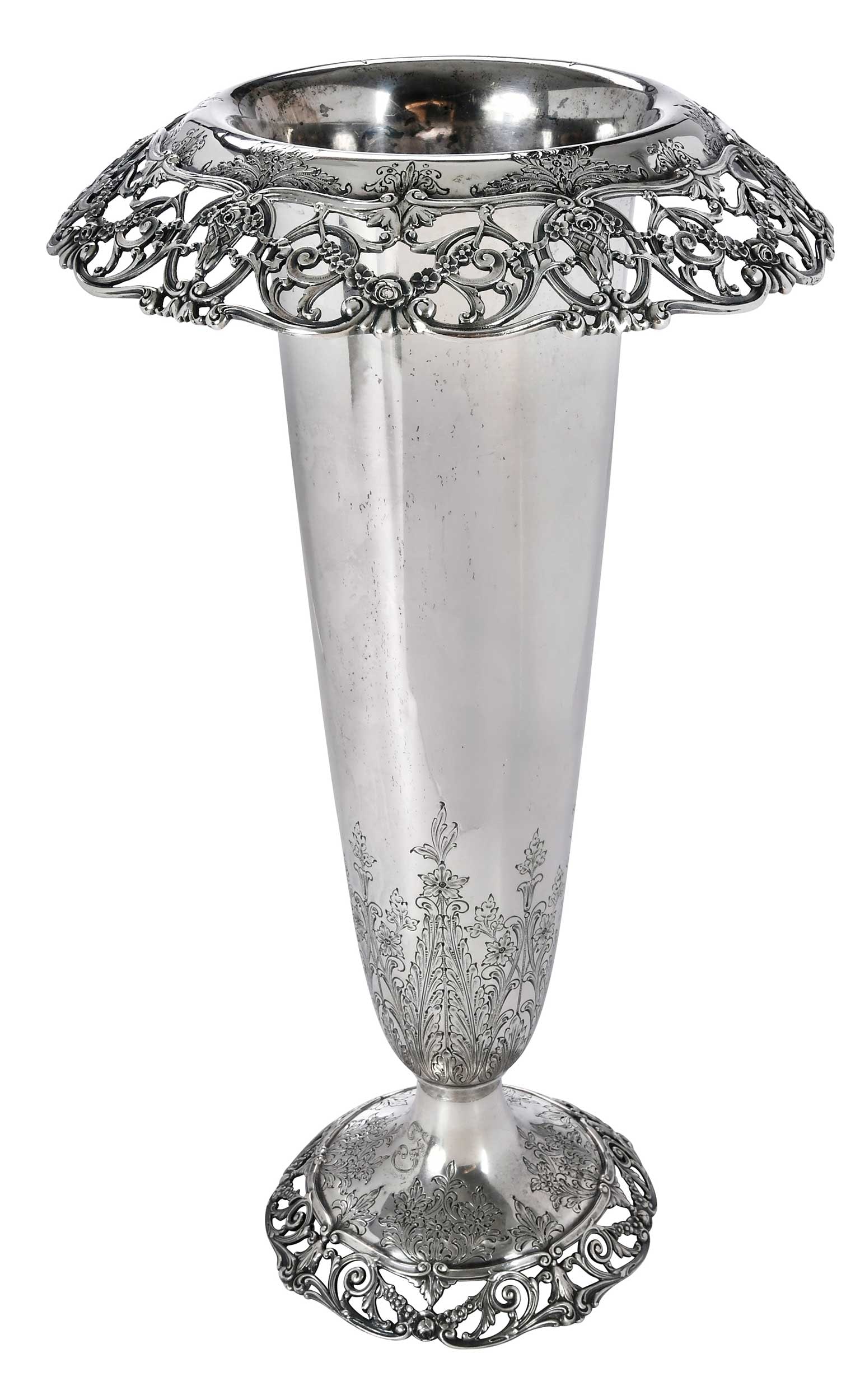 Gorham Sterling Trumpet Vase: American, 20th century, openwork borders, floral and foliate decoration, no monogram, marks for Gorham, 46.17 oz. T., 17 in. Provenance: Private Georgia Collection
