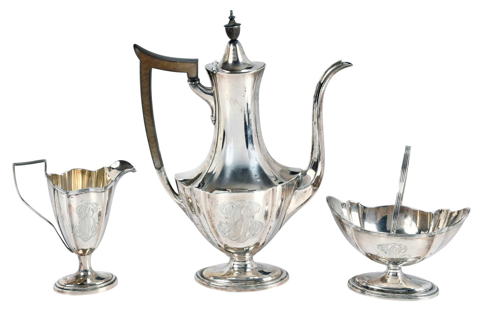 Gorham Three Piece Sterling Coffee Service: American, 20th century, urn forms, wooden handle and finial, probably Plymouth Pattern, monogram, mark for Gorham, 22.82 oz. T. gross weight, 10-3/4 in. coffee with matching creamer, and sugar basket