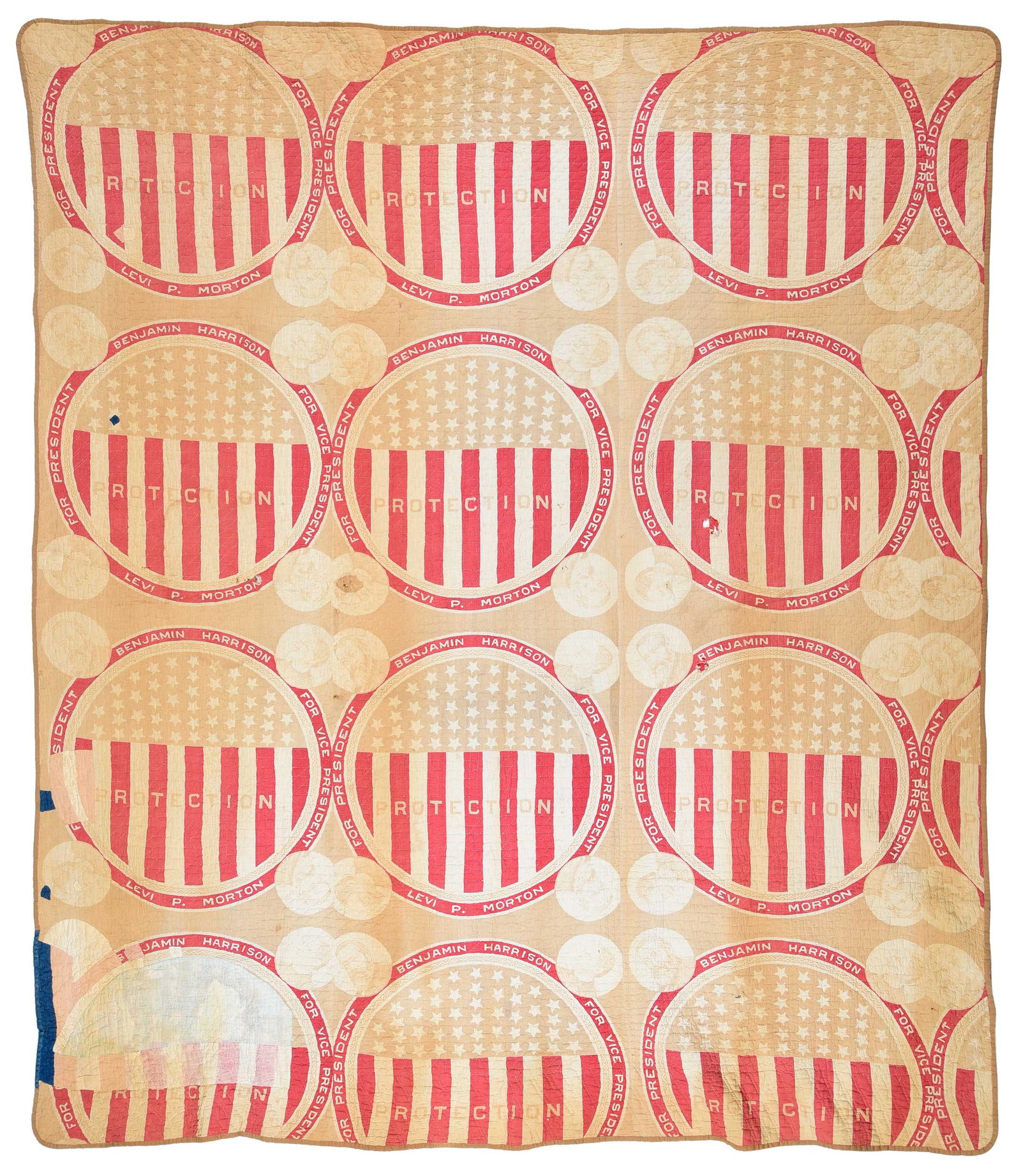 Rare Uncut Benjamin Harrison Presidential Quilt: late 19th century, approx. 77-1/4 x 67-1/4 in. Provenance: Private North Carolina Collection Note: This quilt is unique as the campaign banners that make up one side are uncut, suggesting the maker