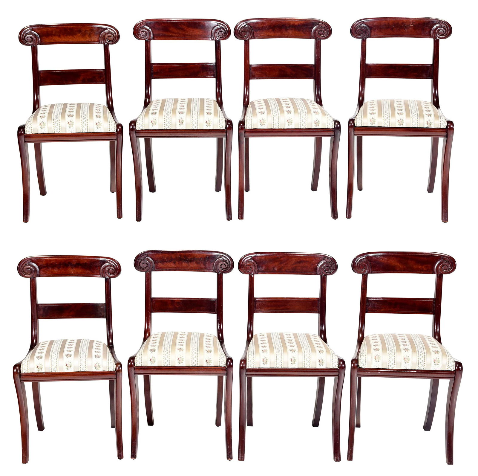Set Eight Boston Classical Figured and Carved Mahogany Klismos Chairs: Massachusetts, circa 1820, figured crest rails with scrolled volutes, striped floral motif silk upholstery, 33 x 17-1/2 x 19 in., seat heights 18 in. Provenance: Woldman & Woldman, Alexandria,