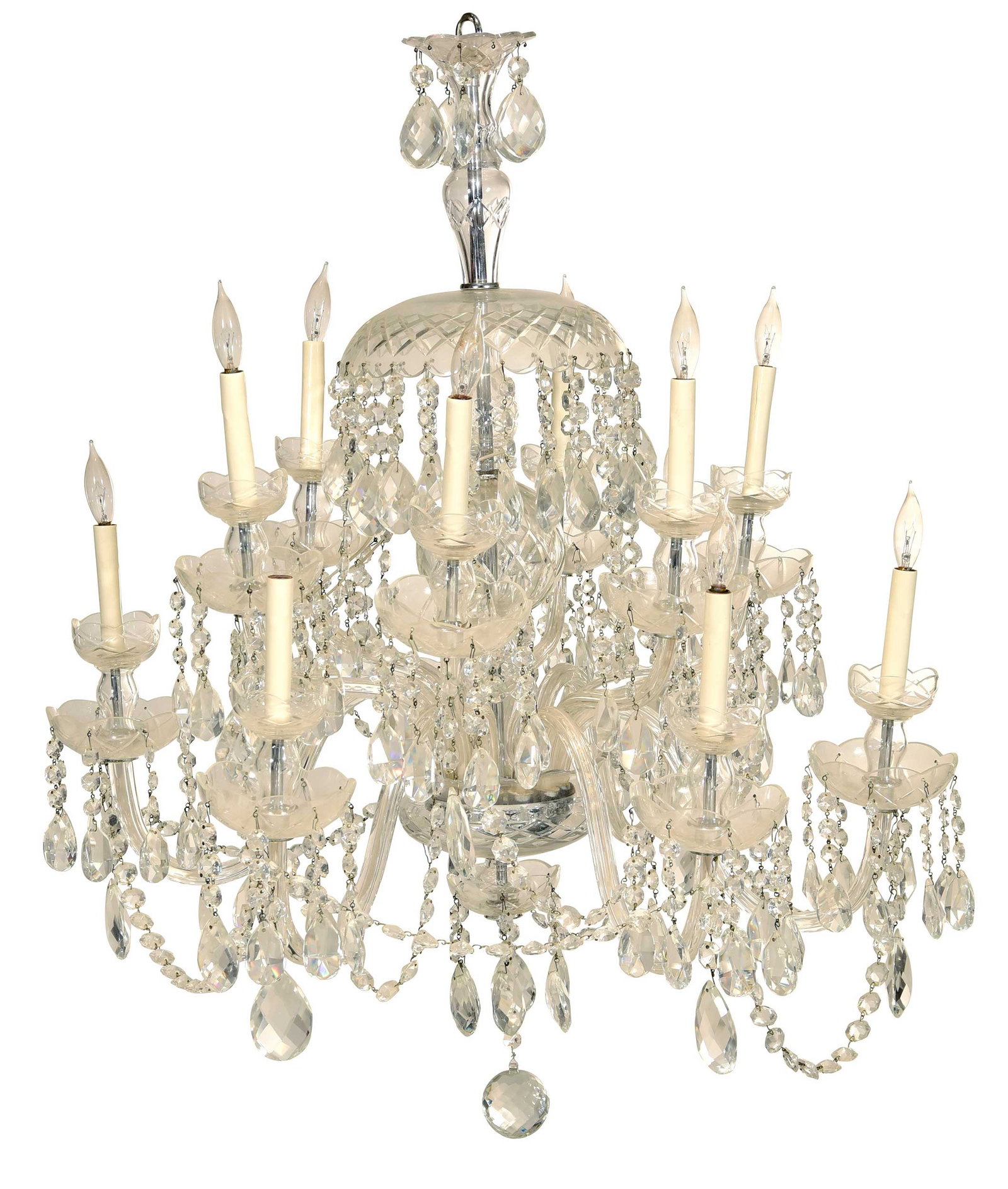 Waterford Style 12 Light Two Tier Crystal Chandelier: 20th century, cut glass central support with dome issuing 12 arms with candle cups, approx. 38-1/2 x 27-1/4 x 27-1/4 in., wired for electricity Provenance: Private Asheville, North Carolina Collection