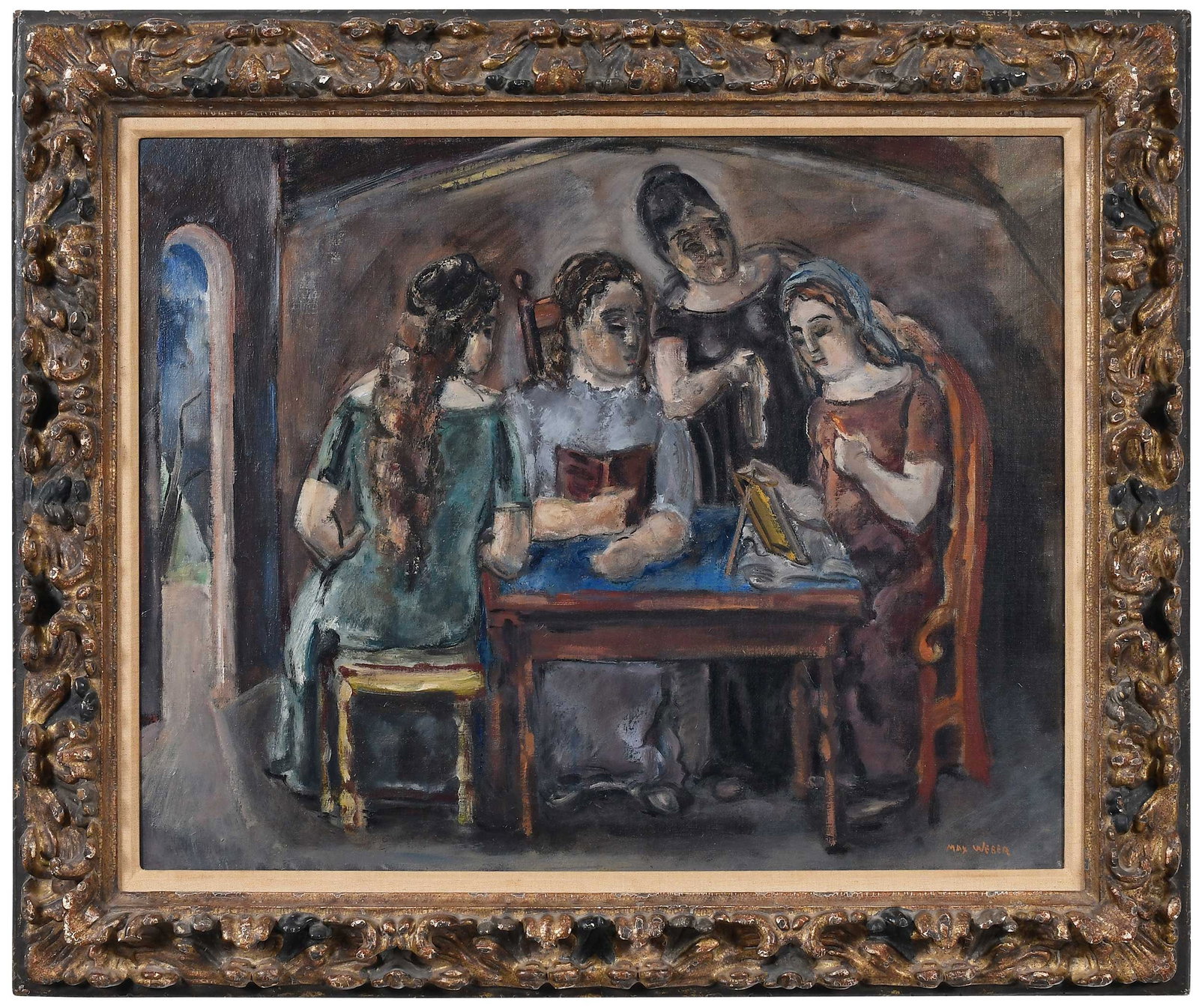 Max Weber: (Russian/American, 1881-1961) Friends, 1932, signed lower right "Max Weber", oil on canvas, 24-1/8 x 30-1/8 in.; continental reverse profile parcel gilt and painted wood frame, 31-3/4 x 37-3/4 x