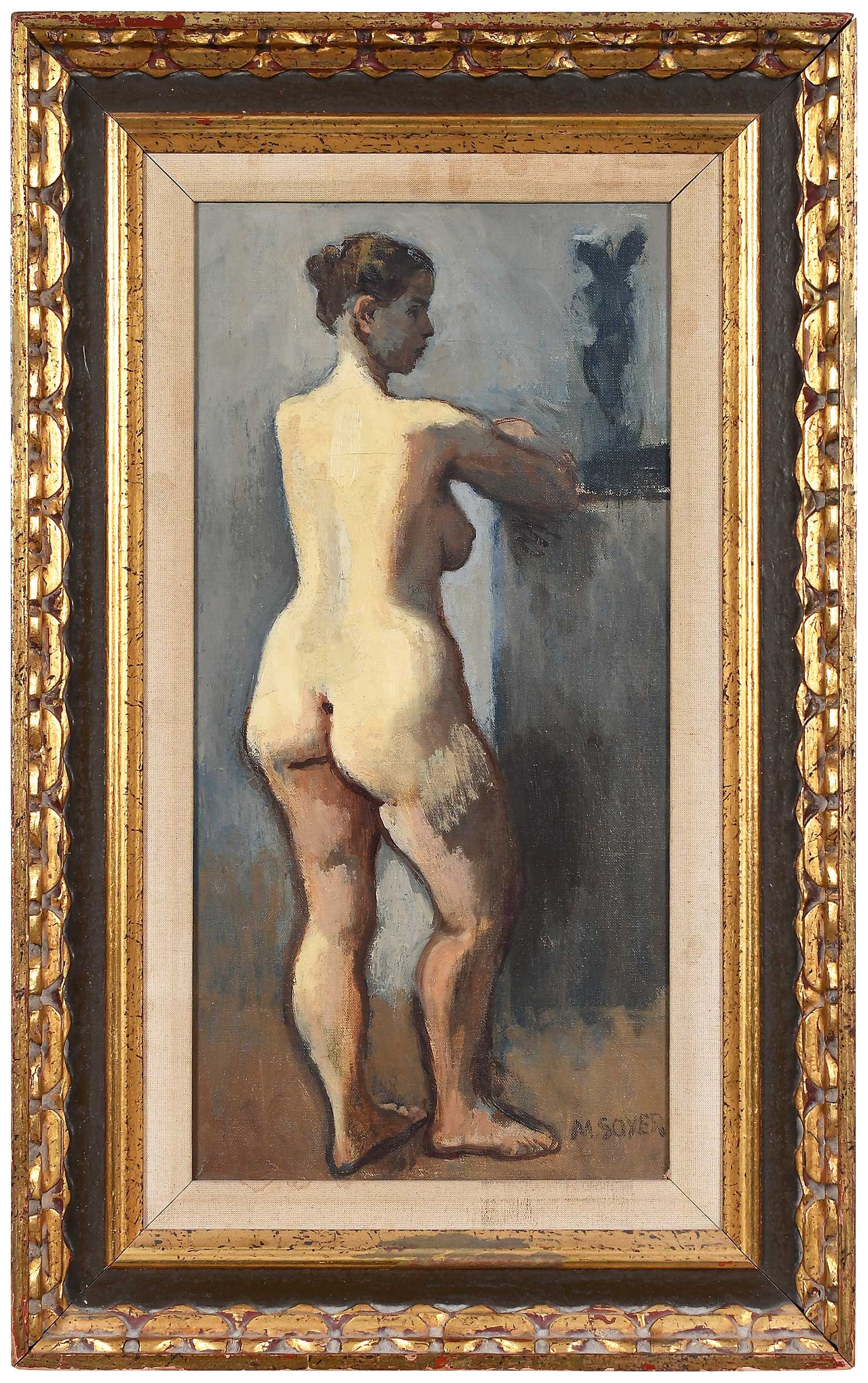 Moses Soyer: (Russian/America, 1899-1974) Nude with Sculpture, signed lower right and on stretcher verso "M. Soyer", titled on remnant of old gallery label verso, oil on canvas, 20-1/8 x 10-1/8 in.; possibly