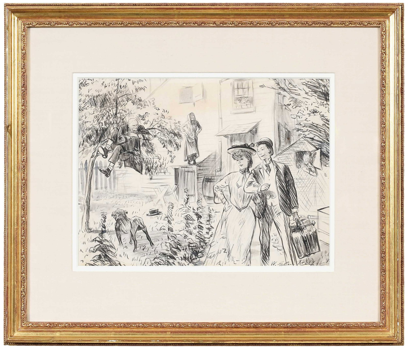 William Glackens: (American, 1870-1938) Love and the Locksmiths; Good-by Mother, She Said, 1904, signed lower right "W. Glackens", titled on label verso, ink with Chinese white on buff paper, 12-3/4 x 17-1/8 in.; gilt