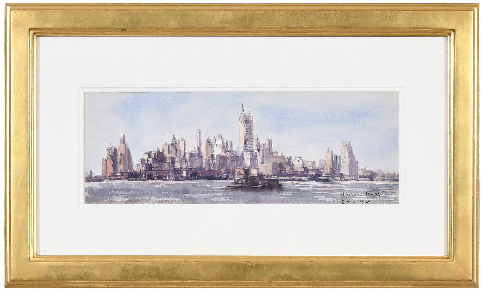 Reginald Marsh: (French/America, 1898-1954) Harbor, N.Y. Sept 7, 1930, signed and dated lower right "Reginald Marsh Sept 7 1930", titled on label verso, watercolor on paper, 6-1/2 x 18 in.; gilt wood frame, 16-1/4 x