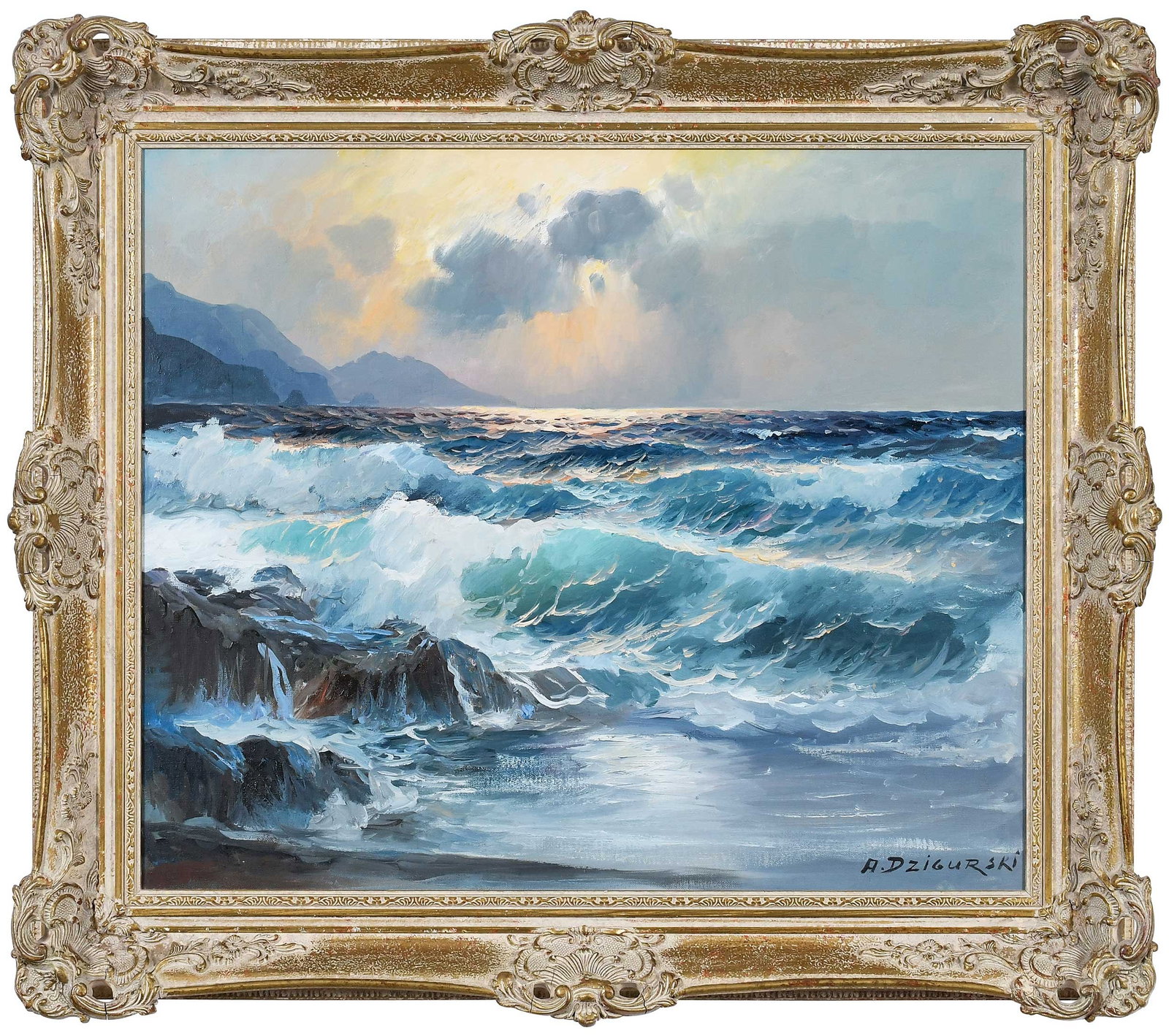 Alexander Dzigurski: (Serbian/America, 1911-1995) Sunset Seascape, signed lower right "A. Dzigurski", stamped verso, oil on canvas, 20-1/8 x 24-1/8 in.; ornate reproduction gilt wood and composition frame, 26-1/4 x