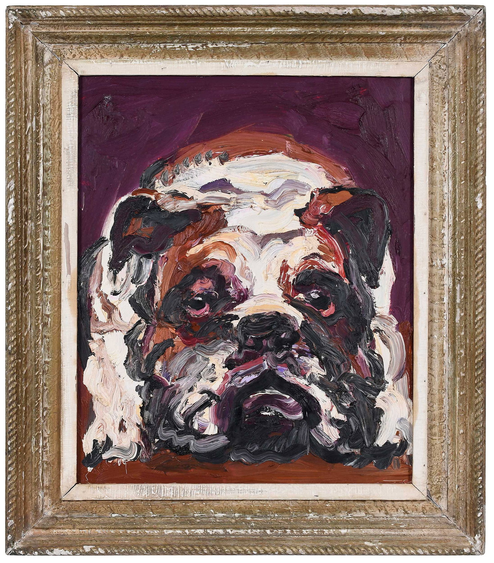 Hunt Slonem: (American/Maine, born 1951) Dog, 2001, signed and dated verso "Hunt Slonem 2001", titled verso, oil on plywood panel, 24 x 19-7/8 in.; original painted wood frame, 31-3/8 x 27-1/8 x 2-3/8 in.