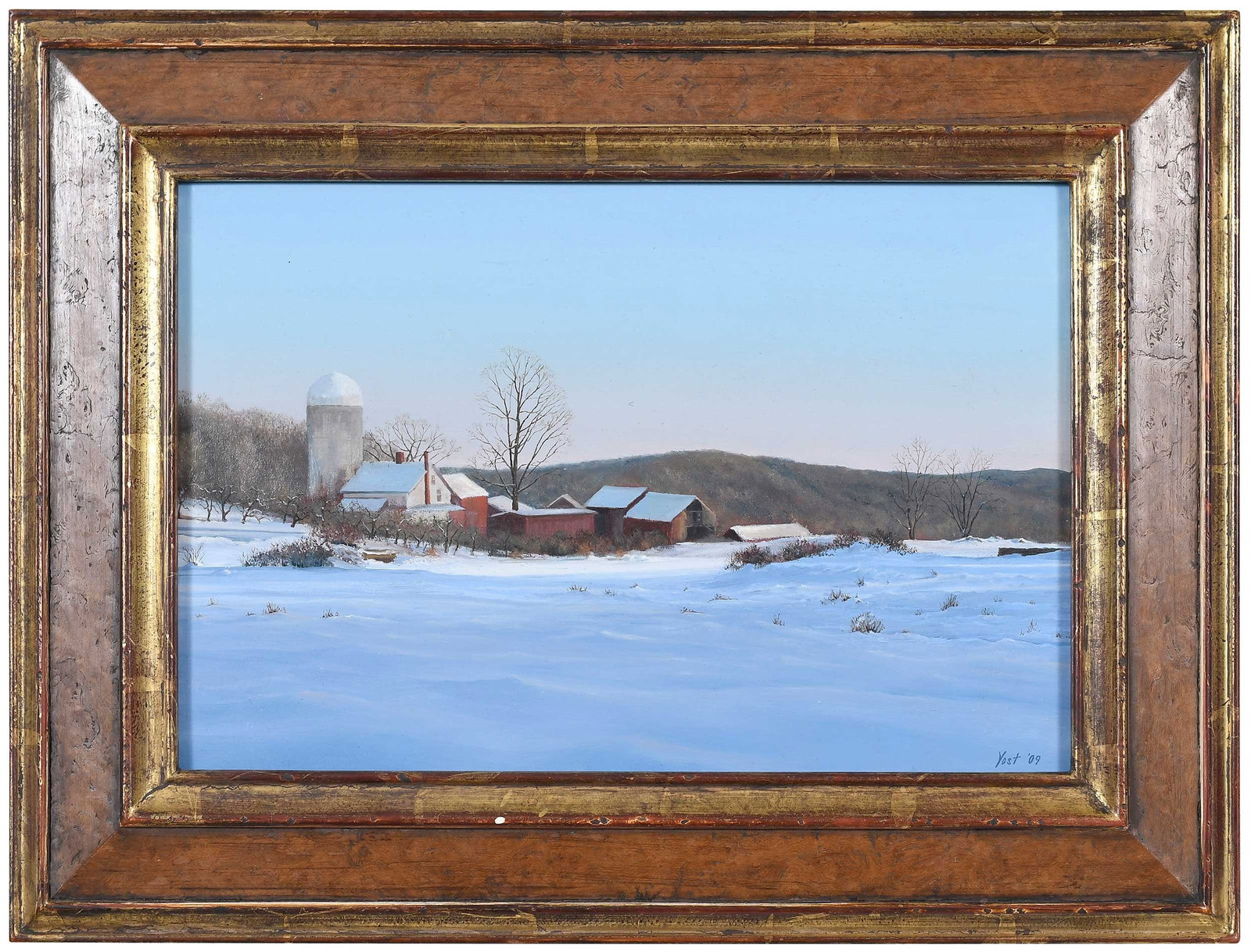 Tom Yost: (American, born 1957) Tanner Hill Farm, 2009, signed lower right "Yost '09", titled on artist's label verso, oil on linen, 8 x 12 in.; burl and gilt wood frame, 12 x 16 x 1-1/2 in. Provenance: Behnke 