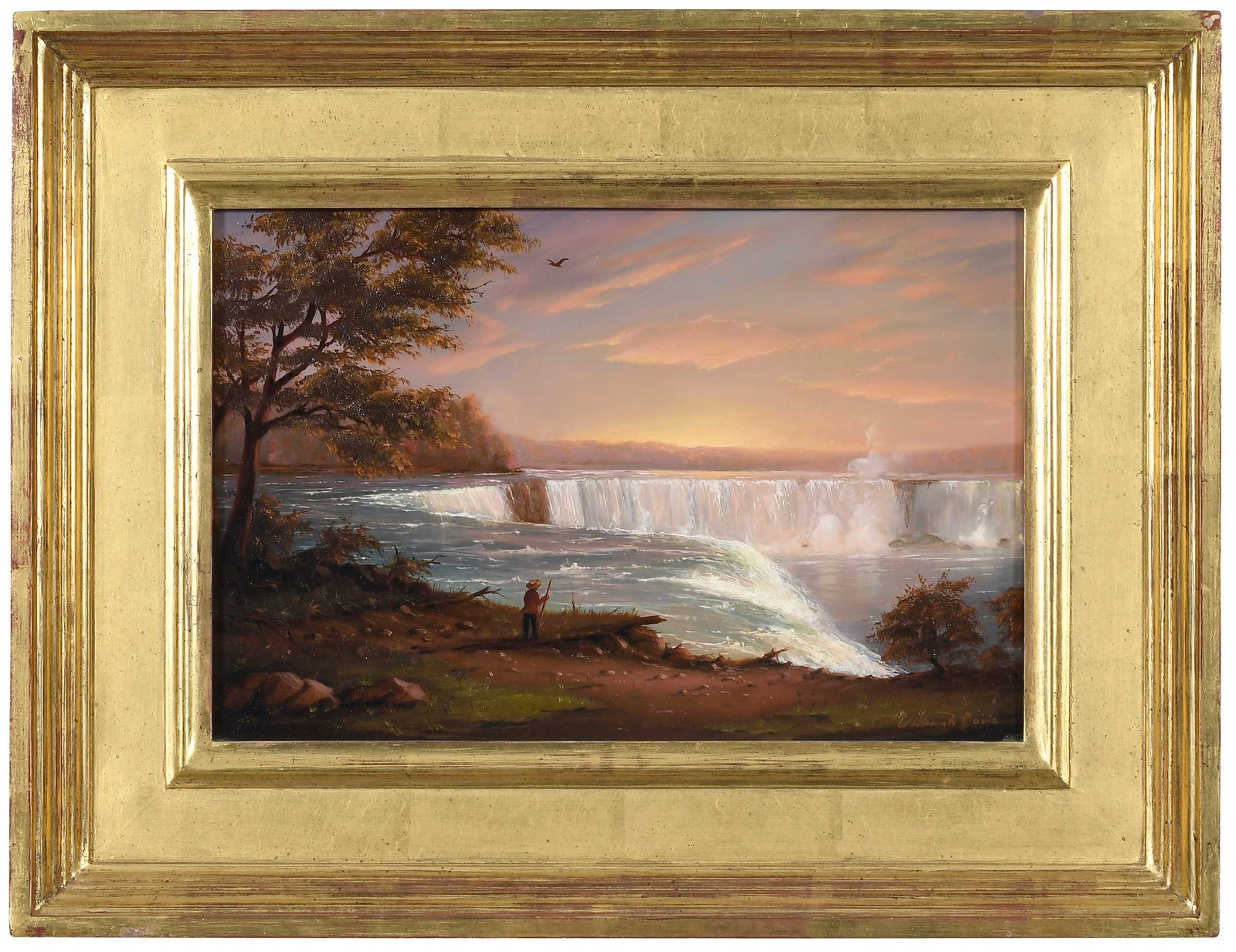 William R. Davis: (American/ Massachusetts, born 1952) View of Niagara Falls, signed lower right "William R. Davis", signed and inscribed verso, oil on canvas, 8 x 12 in.; fine gilt wood frame, 12-7/8 x 16-7/8 x 2-1/2