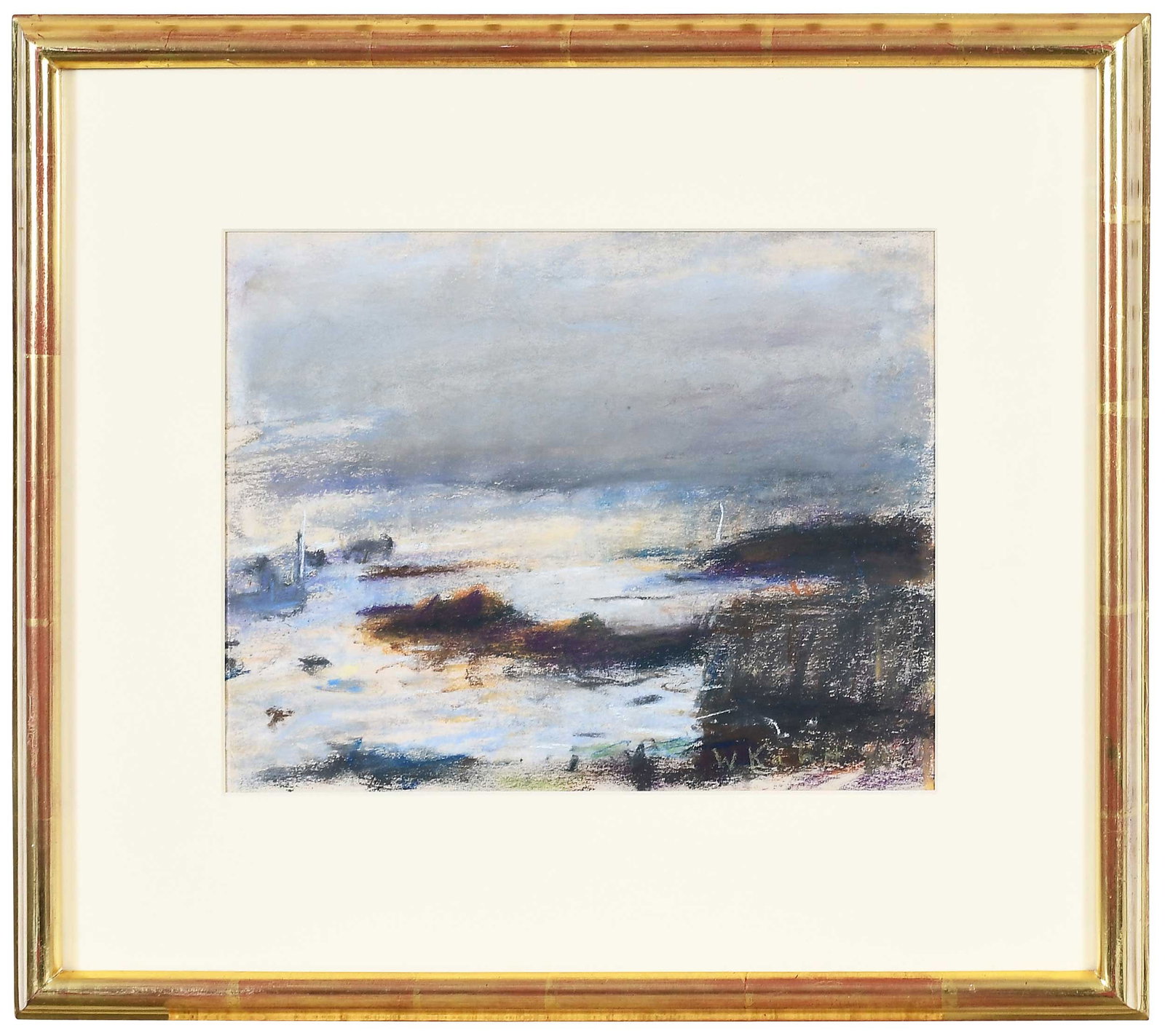 Wolf Kahn: (American, 1927-2020) Stonington Maine, The Harbor, 1961, signed lower right, "W Kahn", pastel on paper, 9 x 12 in.; gilt wood frame. 15-3/4 x 17-3/4 in. Provenance: Private Collection