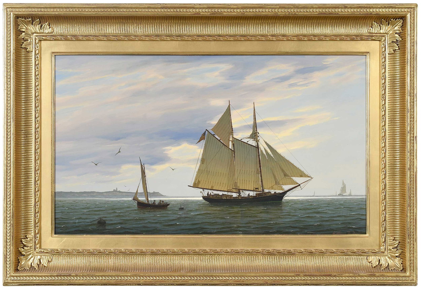 William R. Davis: (American, born 1952) Fisherman Off Gay Head, signed lower right 'William R. Davis", also signed verso, titled and inscribed on backing board, oil on Masonite, 14 x 24 in.; fine gilt wood and composit