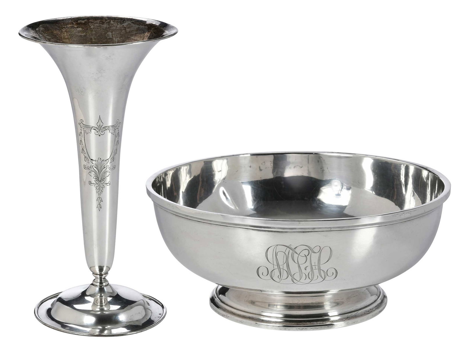 Kirk Sterling Bowl and Trumpet Vase: American, 20th century, including round footed bowl, monogram, 4 x 9-1/4 in.; vase flared rim and base, cartouche with no monogram, 10 in., both with marks for Kirk & Son, 28.16 oz. T. total weight