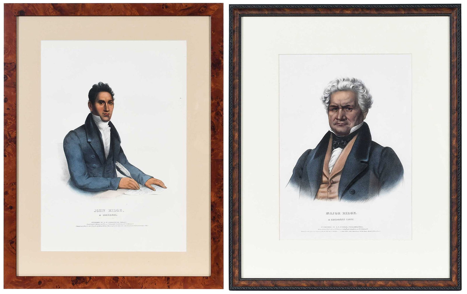 Two McKenney and Hall Prints of Cherokee Gentlemen: (American, 19th century) Thomas L. McKenney (1785-1859) and James Hall (1793-1868), from History of the Indian Tribes of North America, J.T. Bowen's Lithographic Establishment, printer: John Ridge, A