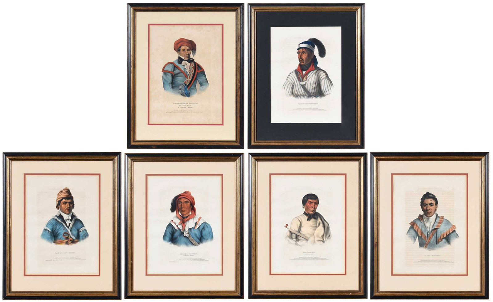 Six McKenney and Hall Native American Prints: (American, 19th century) Thomas L. McKenney (1785-1859) and James Hall (1793-1868), from History of the Indian Tribes of North America: Julcee-Mathla, A Seminole Chief; Pee-Che-Kir, a Chippewa Chief;