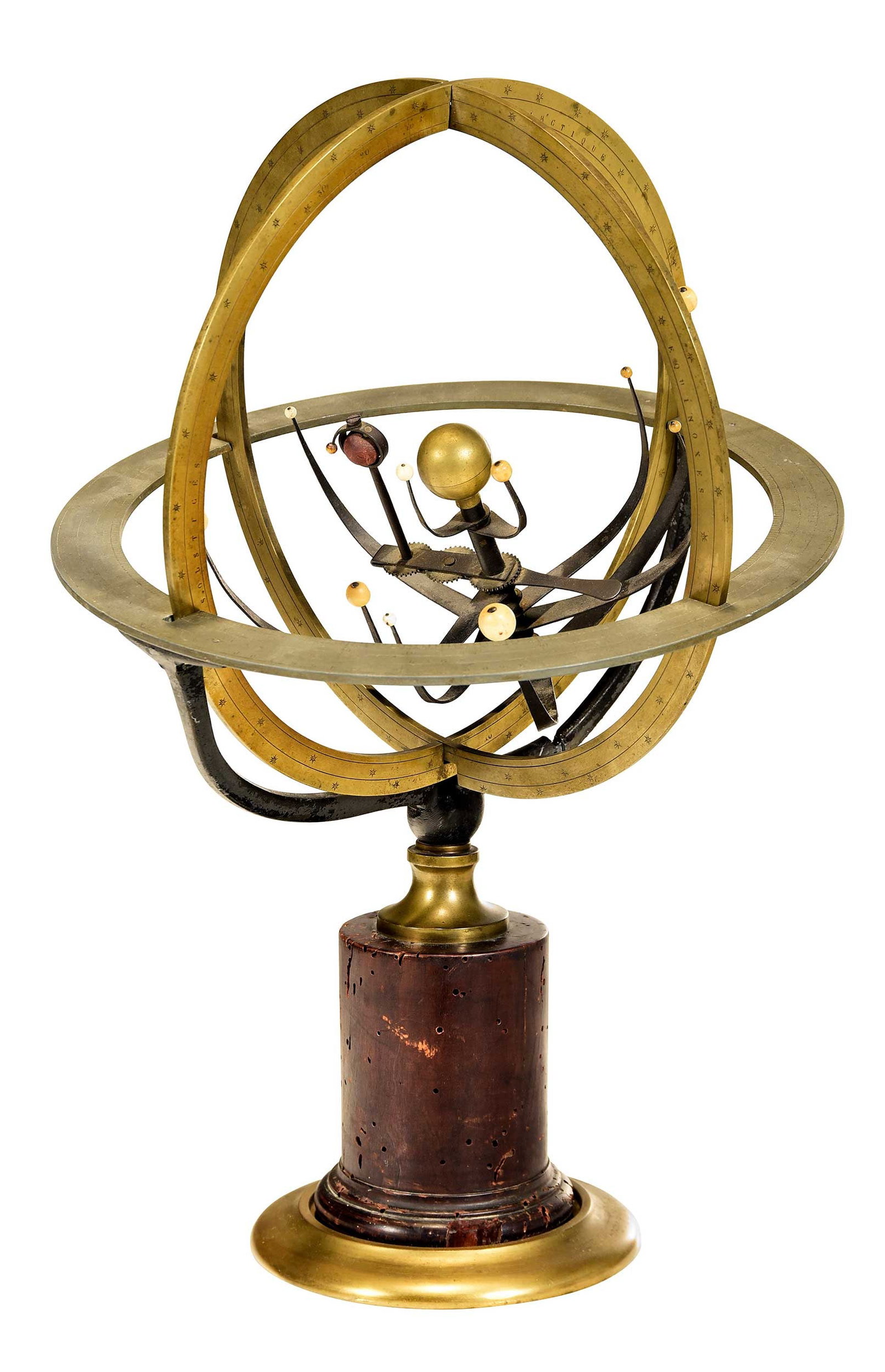 Empire Copernican Orrery and Armillary Sphere on Turned Wood Base: 19th century, with 13 celestial bodies (Sun, seven planets, five moons), 17-1/2 x 11-1/2 x 11-1/2 in. Provenance: Private Collection, Richmond, Virginia