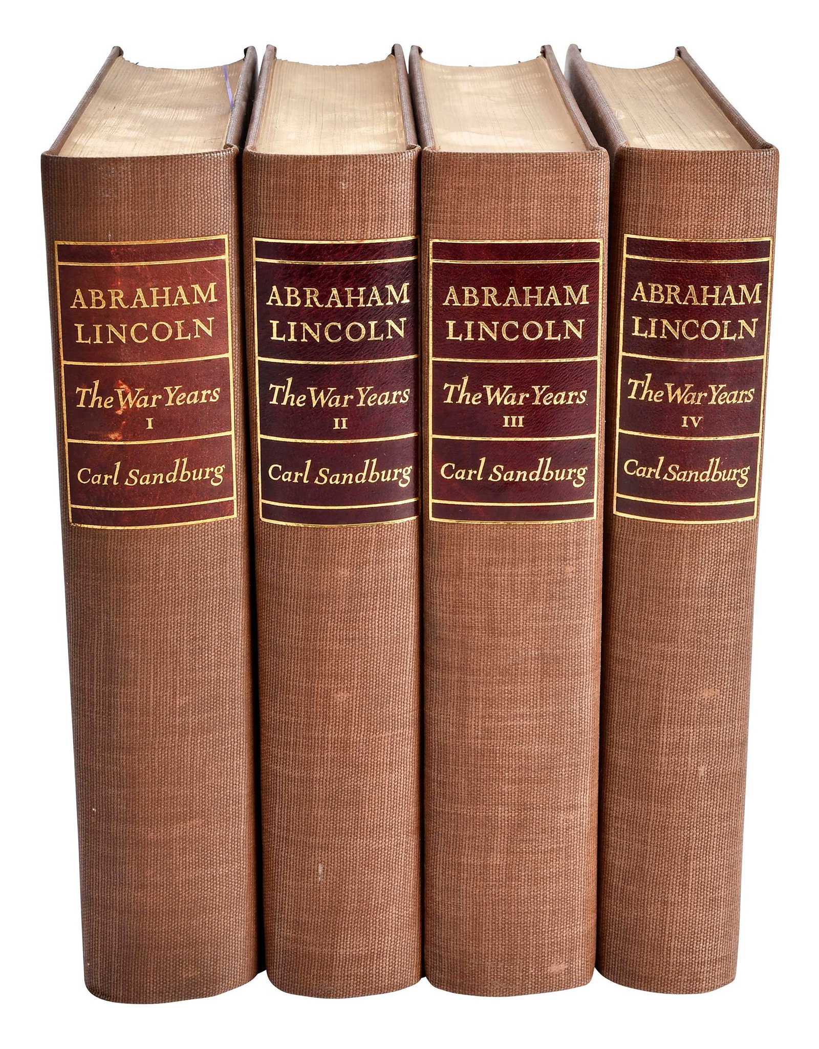 Abraham Lincoln: The War Years by Carl Sandburg, Four Volumes: New York: Harcourt, Brace & Company, 1939, signed by author, limited first edition, numbered 46 of 525, four volumes (complete), mauve cloth binding with gilt lettering to boards and spines, morocco s