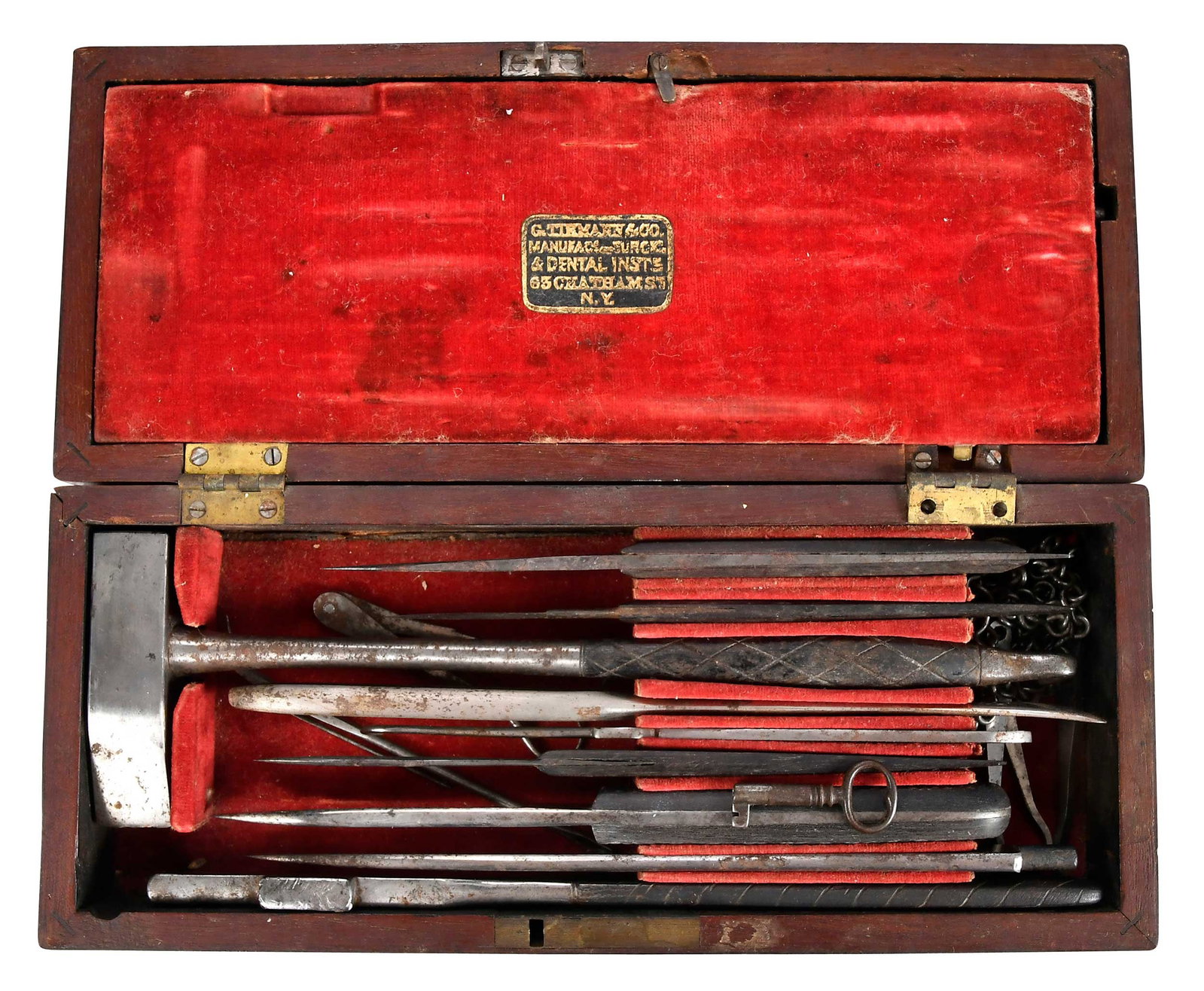 George Tiemann & Co. Civil War Era Amputation Kit: 19th century, including scalpels, calipers, scissors, and other medical implements in a locking fitted wood case with velvet lining, with key, 2-1/8 x 9-1/4 3-7/8 in. Provenance: To Benefit WNC Bridge