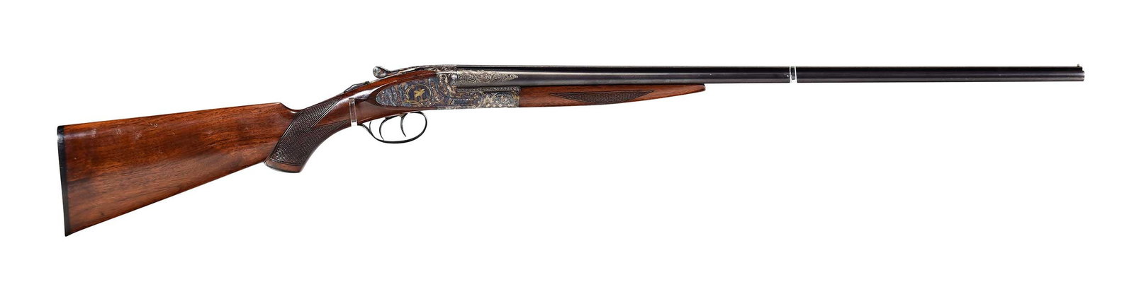 Scarce L.C. Smith .410 Double Barrel Shotgun with Engraving: .410 gauge, SN 111193, circa 1928, 26 in. barrels stamped "HUNTER ARMS CO. INC. M'F'R'S, FULTON, N.Y., U.S.A" and "L.C. SMITH, FIELD GRADE", "ARMOR STEEL" on underside of barrels, "Chambers 3 Inches" 