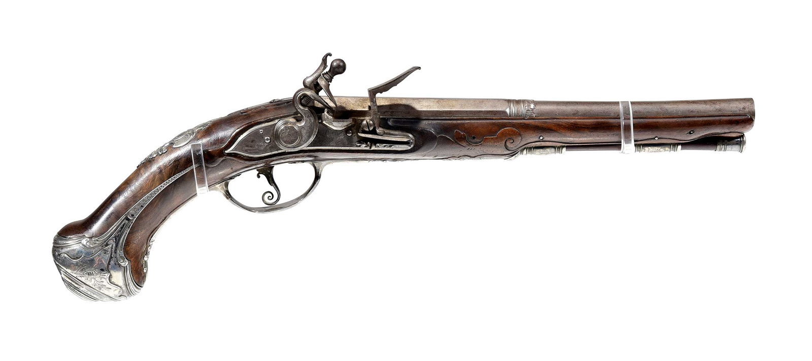 Fine Pair of Continental Flintlock Dueling Pistols with Engraved Silver Mounts and Carved Stocks (1 of 20)